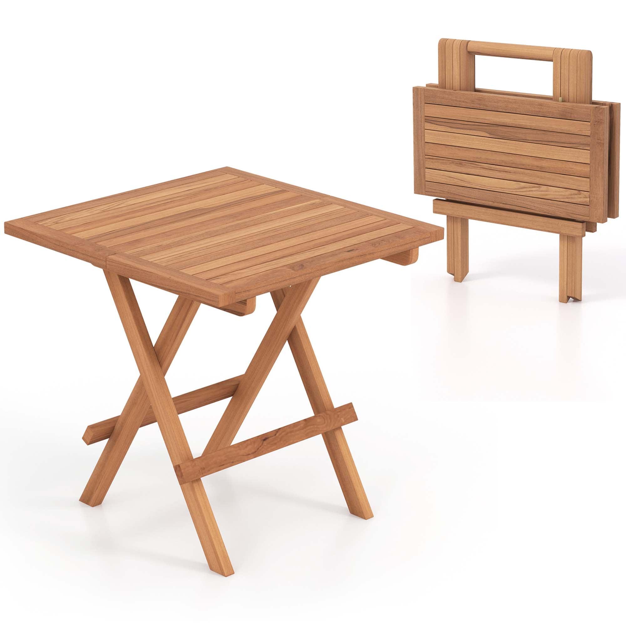 Costway Patio Folding Side Table Indonesia Teak Wood Square Slatted Tabletop Portable Picnic