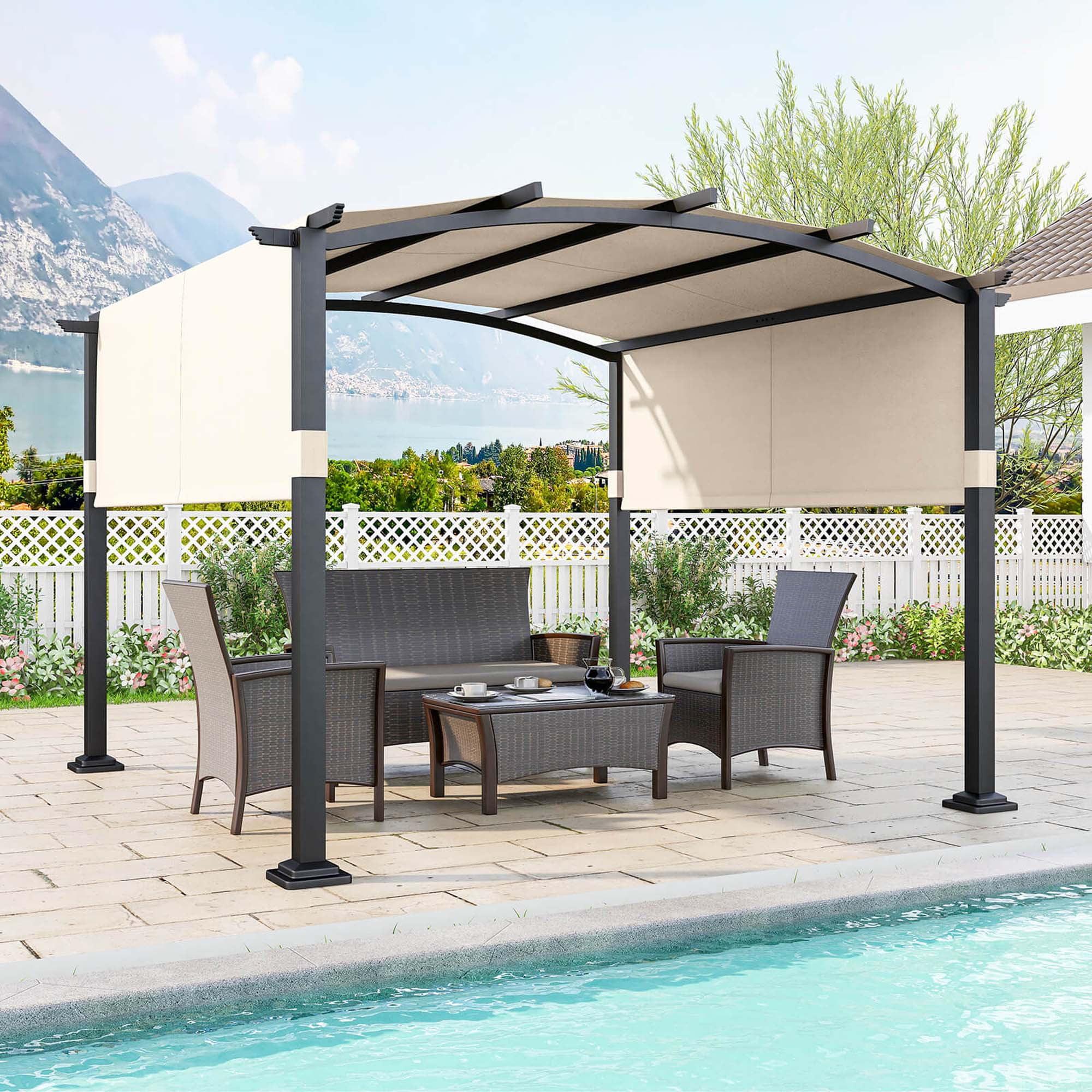Costway 10' x 10' Outdoor Pergola with Retractable Sunshade Canopy Anchored Plates Patio Beige