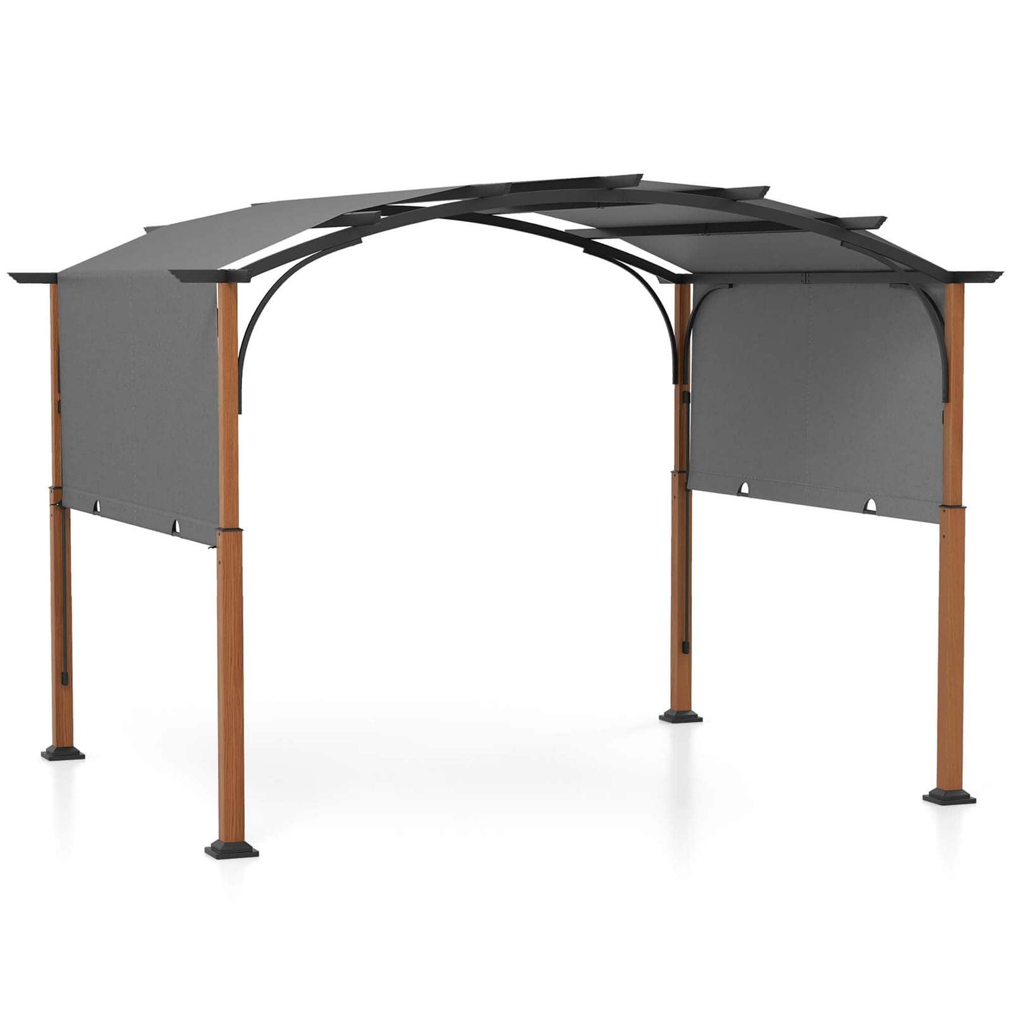 Costway 10 x 12 FT Outdoor Retractable Pergola with Retractable Canopy Wood Looking Posts Gray