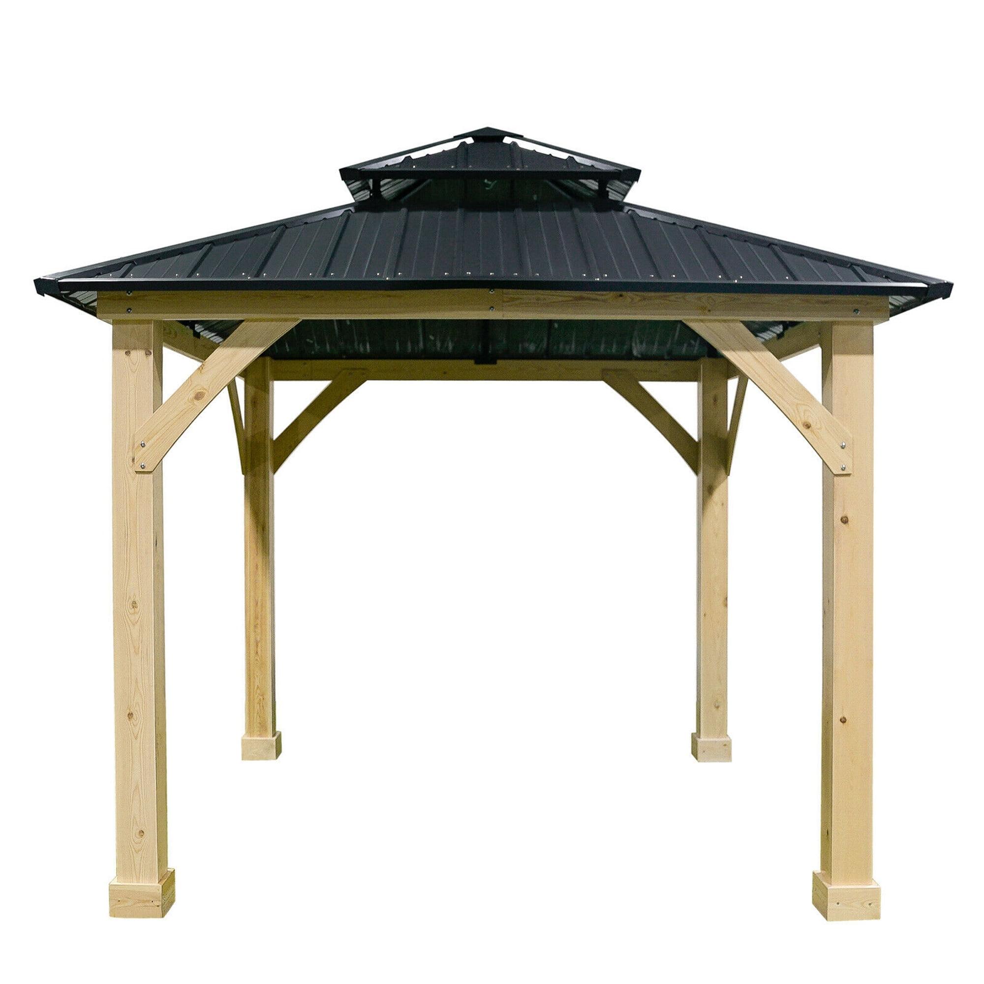 10'x10' Gray Steel Roof Solid Wood Frame Patio Gazebo