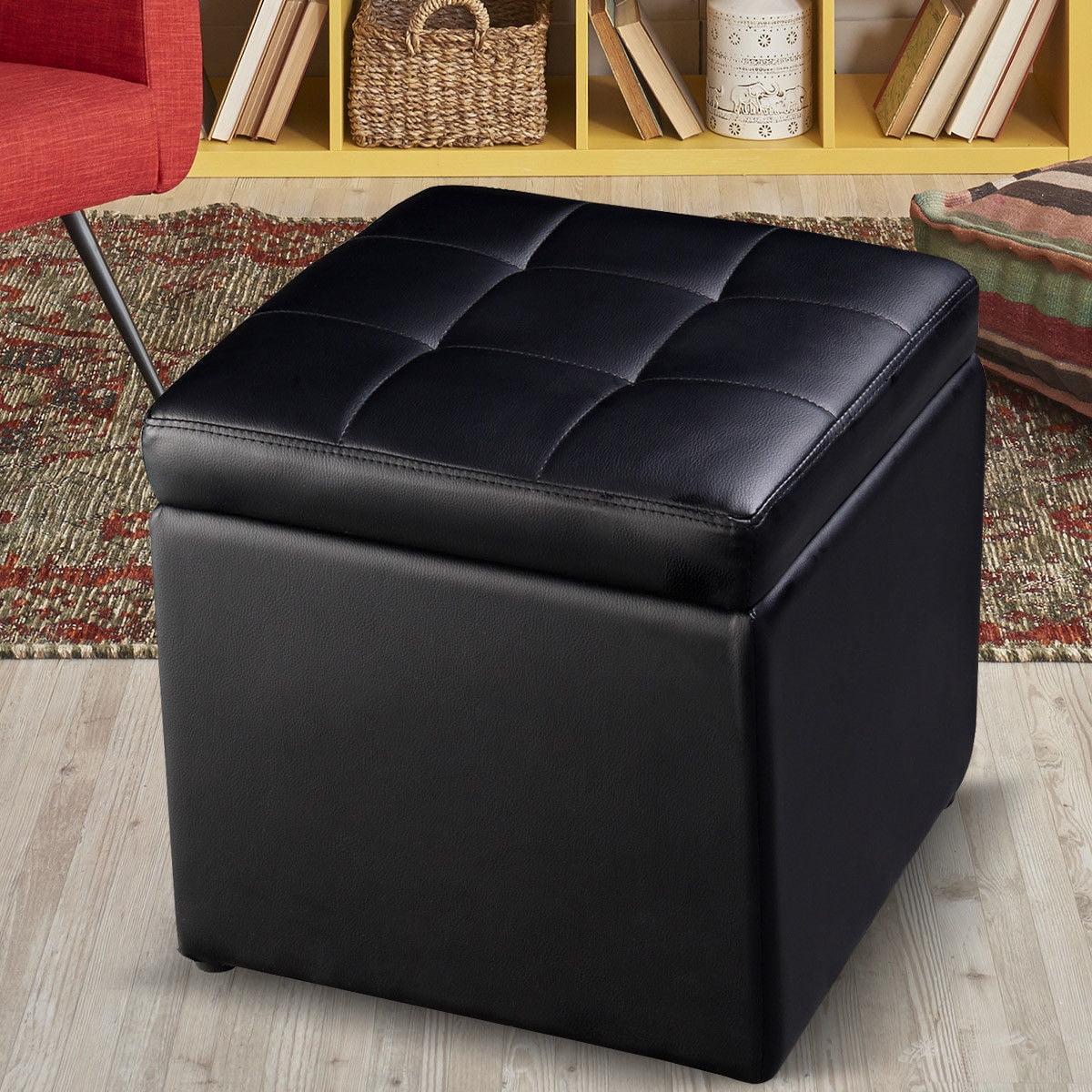 Elegant Black Faux Leather Cube Storage Ottoman Pouf