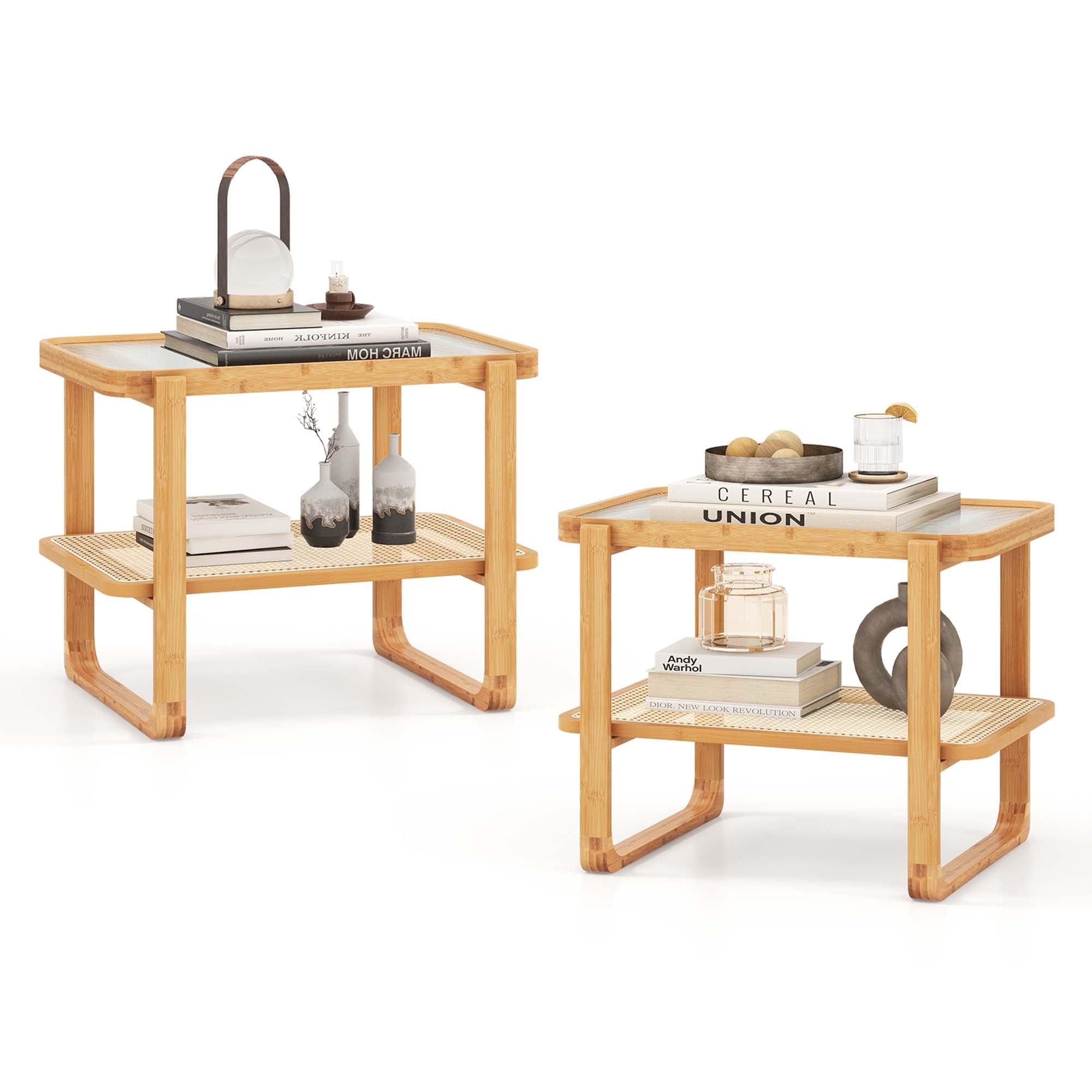 Costway 2 PCS Bamboo Side Table Rattan Shelf Glass Top Nightstand Small Sofa End Table