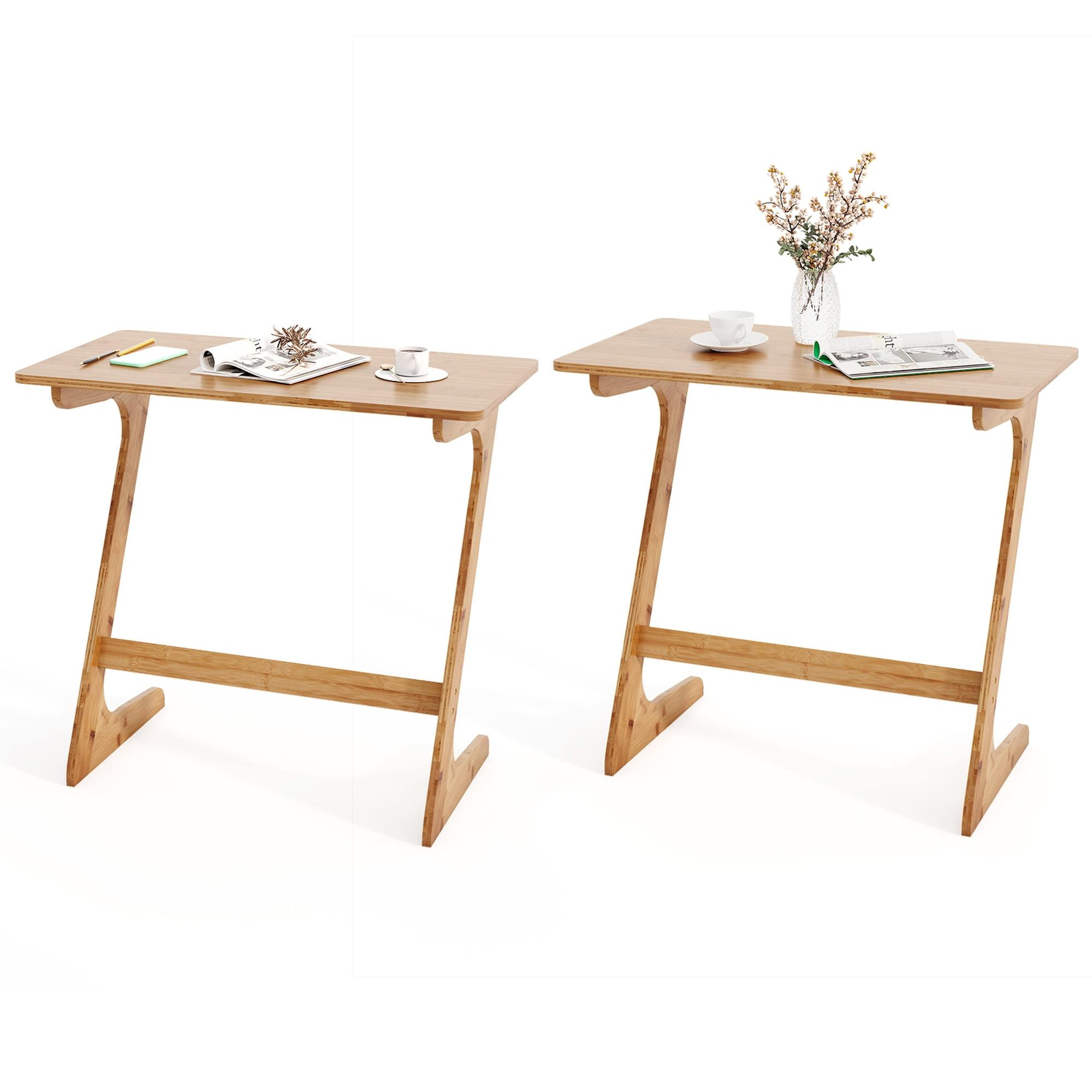 Costway 2 PCS Bamboo Sofa Side Table Z-Shaped Spacious Tabletop Space-Saving TV Snack Tray Natural