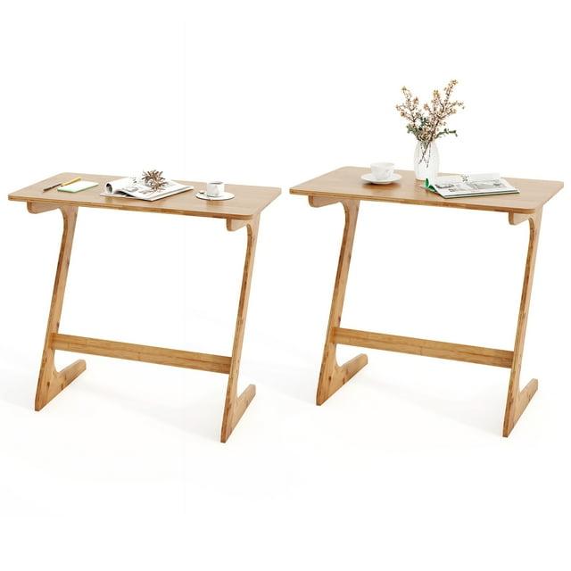 Costway 2 PCS Bamboo Sofa Side Table Z-Shaped Spacious Tabletop Space-Saving TV Snack Tray Natural