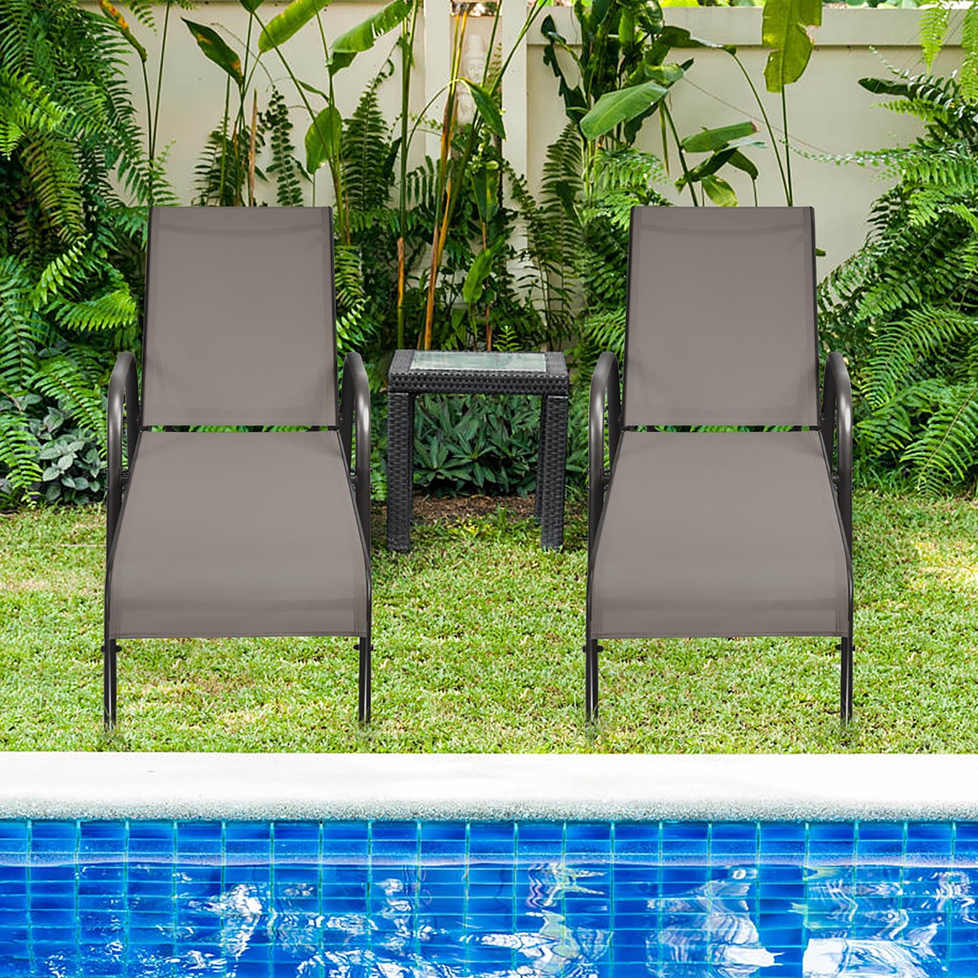 Adjustable Brown Steel Patio Chaise Lounge with Armrests - Set of 2