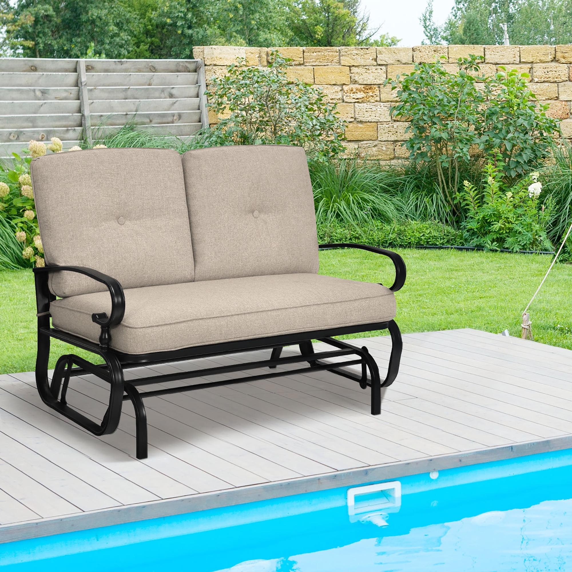 Elegant Black Steel Outdoor Glider Bench with Cushioned Seat, Beige