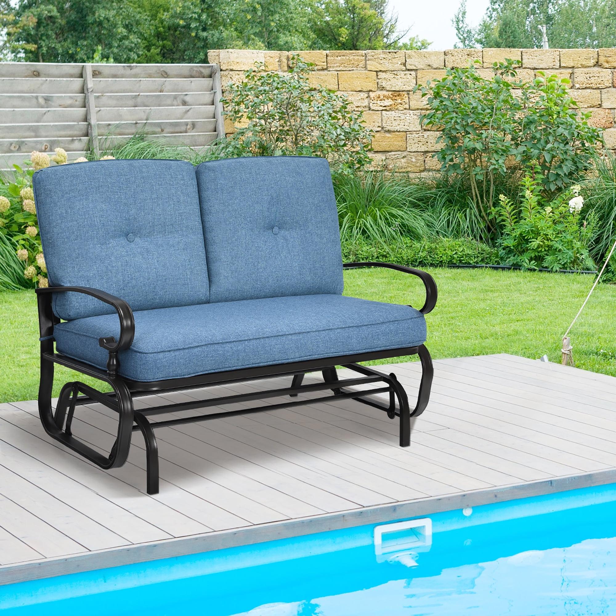 Navy Blue Cushioned Steel Frame 2-Person Outdoor Glider Bench