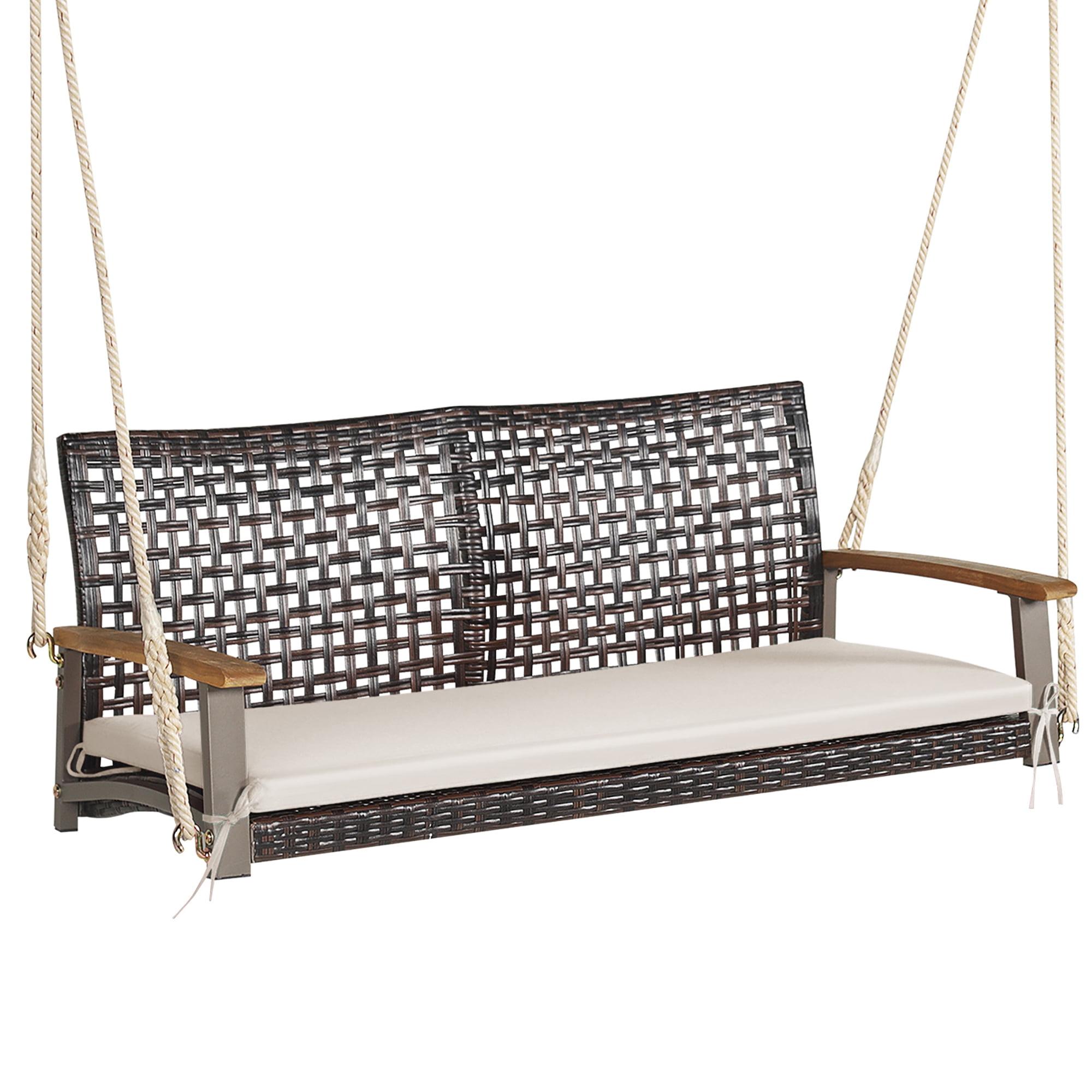 Off-White 2-Person Rattan Patio Swing with Cushion