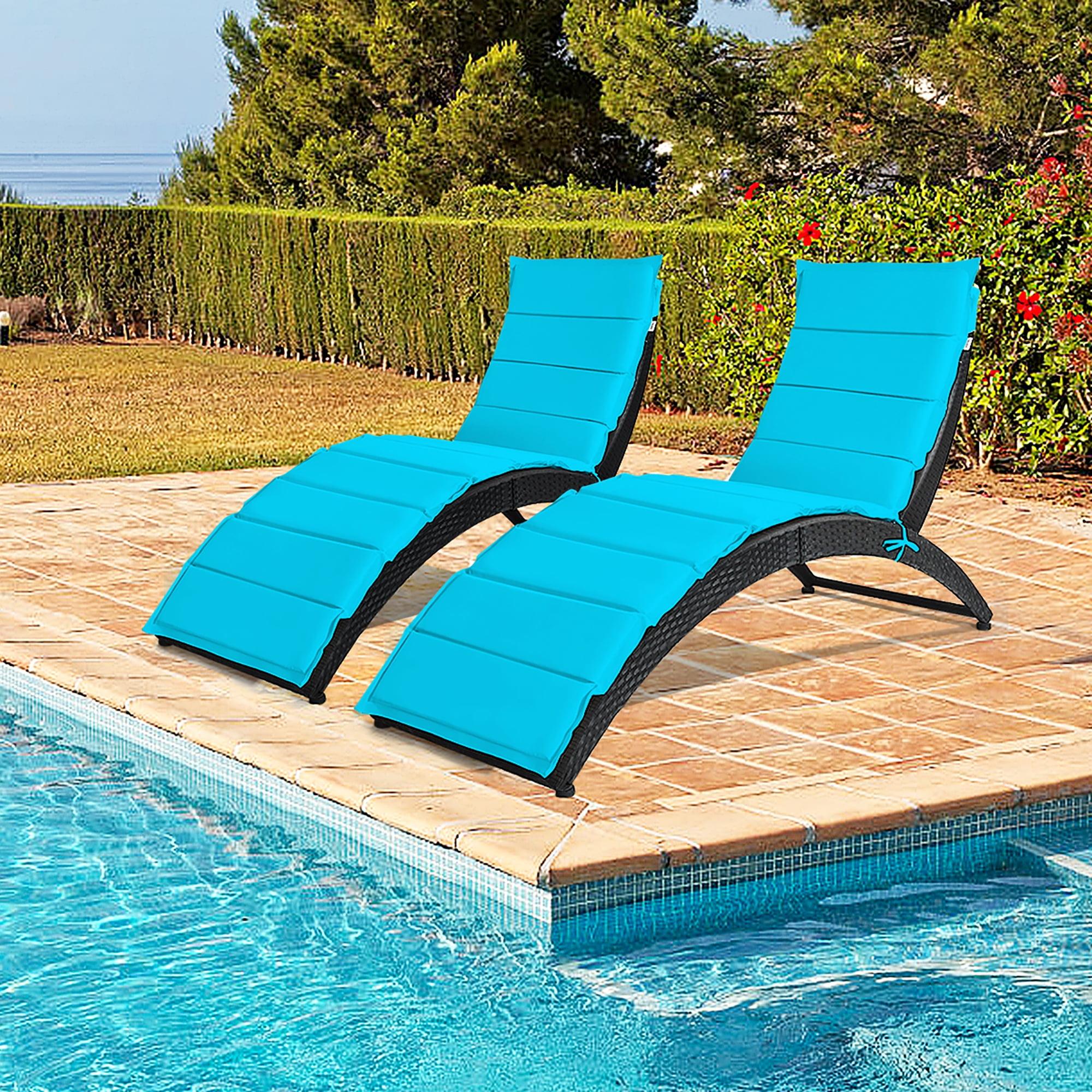 Turquoise Cushioned Folding Rattan Chaise Lounge Chairs, Set of 2