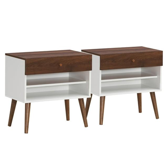 Costway 2PCS Nightstand End Side Table Drawer Storage Shelf Mid-Century Rubber Wood Leg