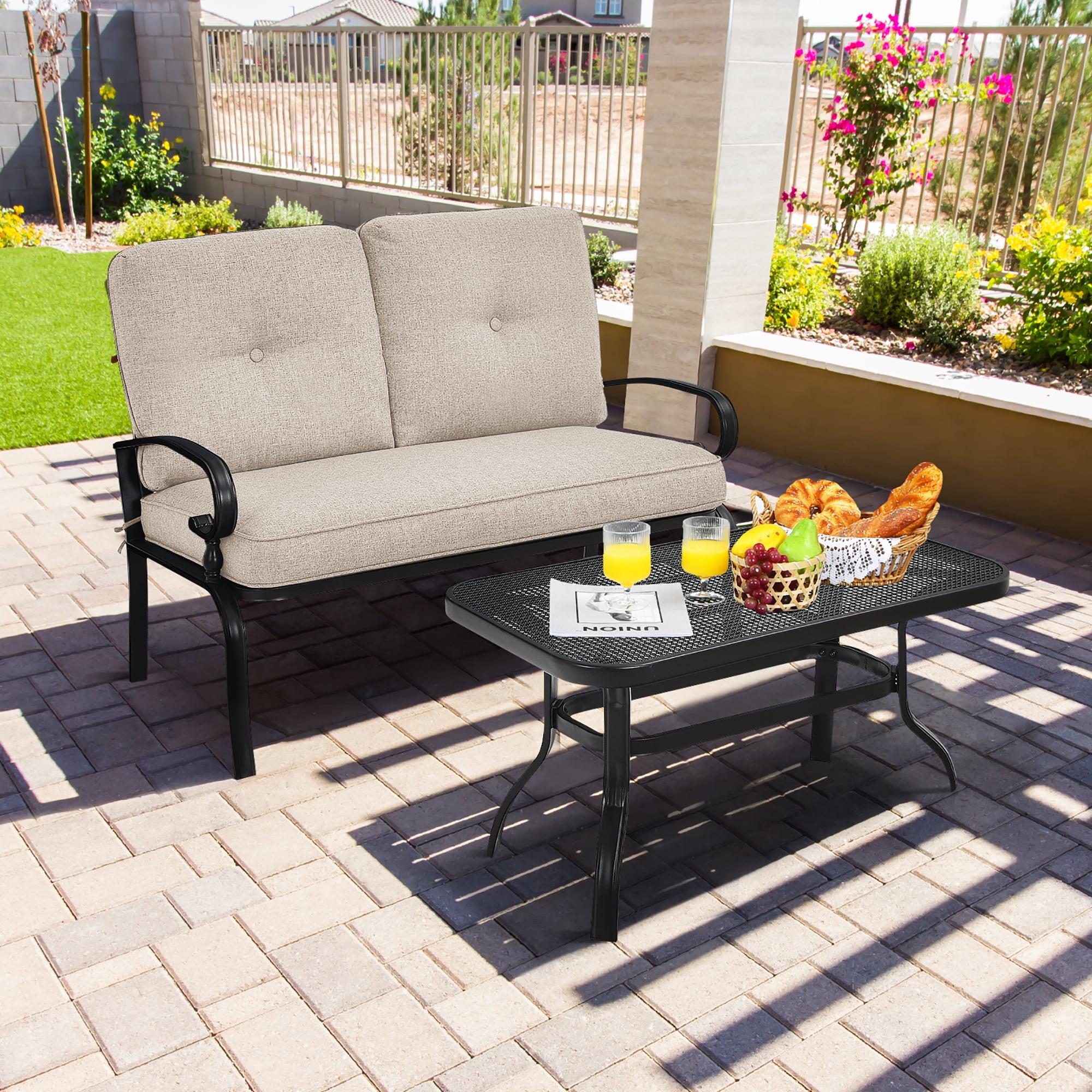 Modern Black Steel Outdoor Loveseat with Beige Cushions and Coffee Table