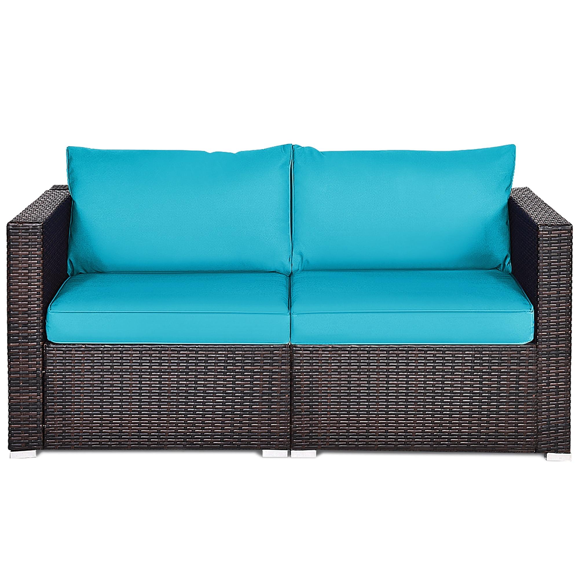 Costway 2PCS Patio Rattan Corner Sofa Sectional Furniture Blue Cushion
