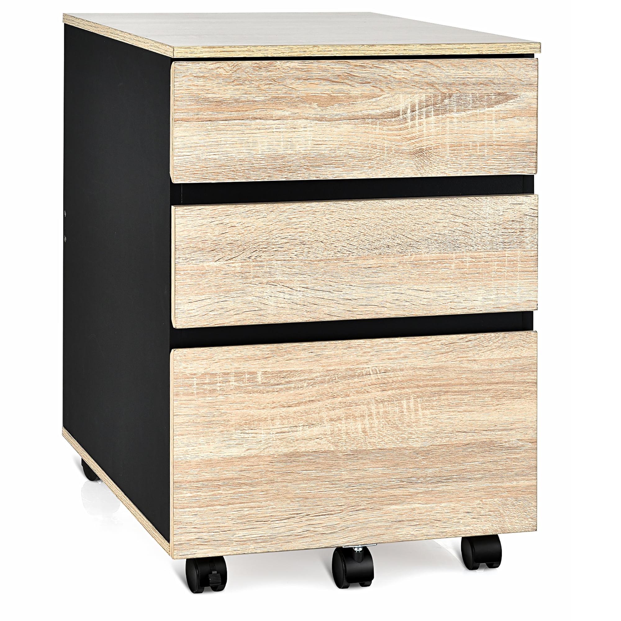 Sleek Natural & Black 3-Drawer Mobile Storage Cabinet