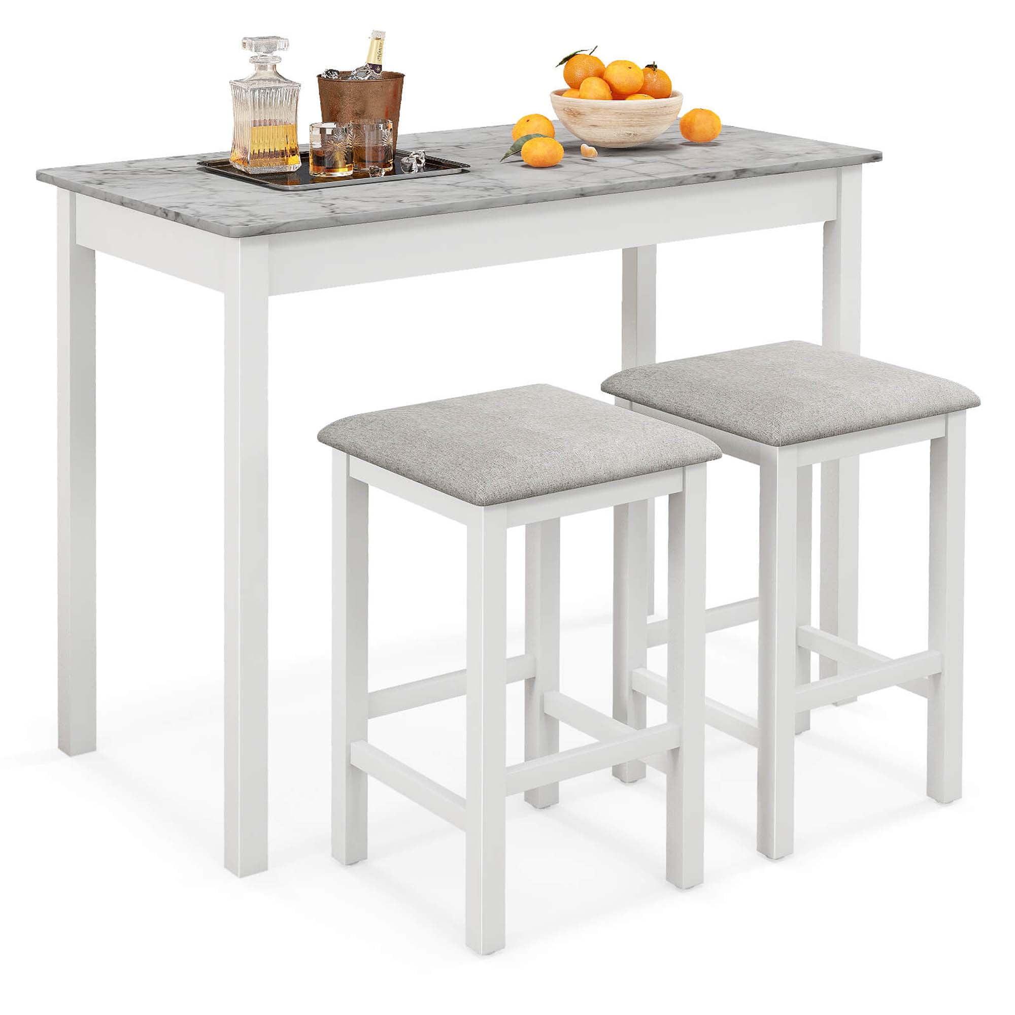 Costway 3 PCS Bar Table Set Dining Table & 2 Linen Fabric Padded Bar Stools Faux Marble White