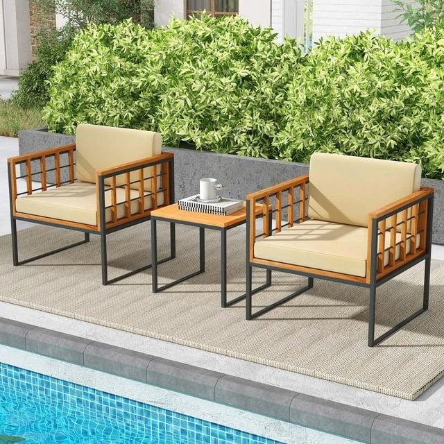 Resenkos 3 Pieces Patio Chair Set, Acacia Wood Outdoor Sofa Set, Small Patio Conversation Furniture Set with Soft Cushions-Beige