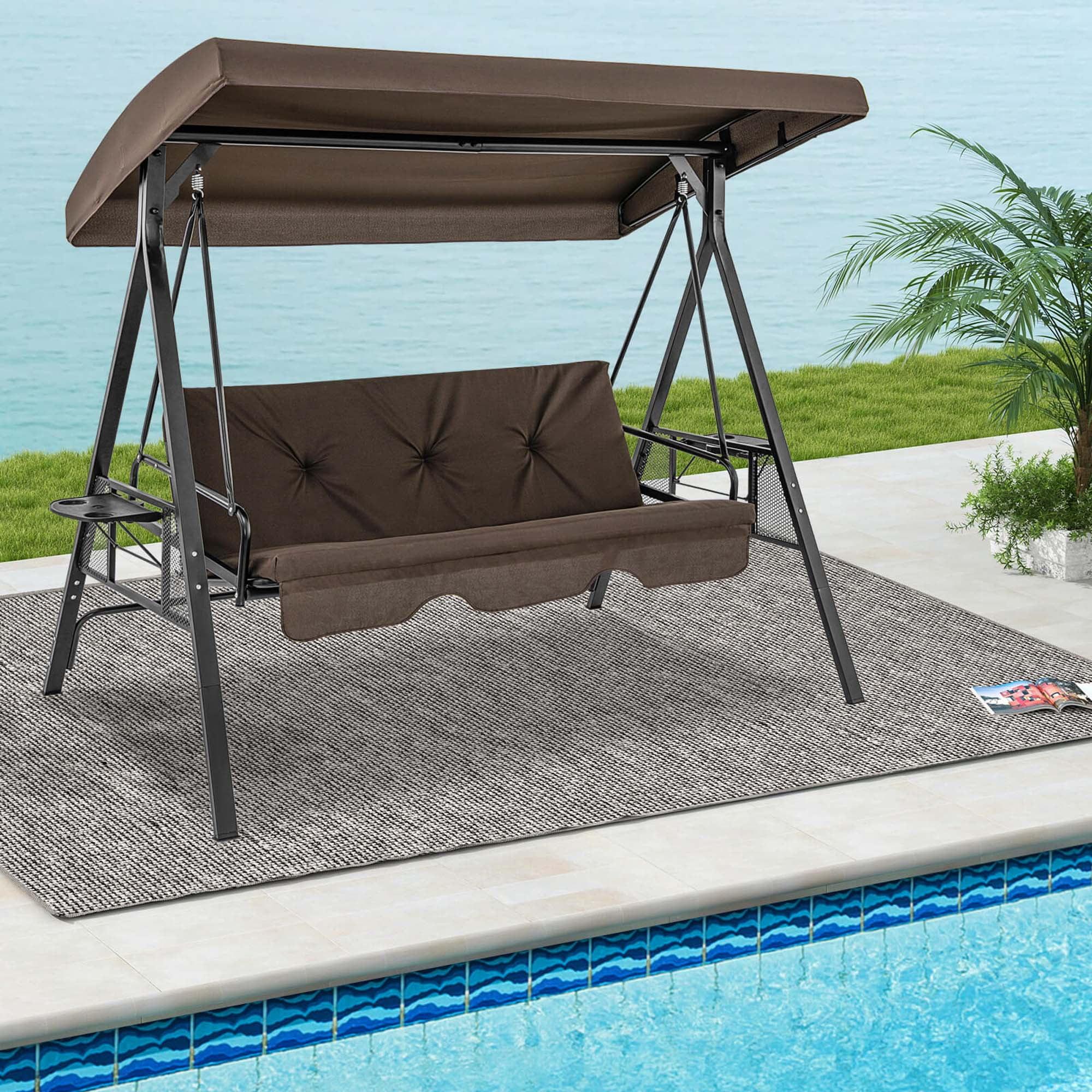 Costway 3-Seat Patio Porch Swing with Adjustable Canopy Soft Seat Back Cushions Side Tables Brown