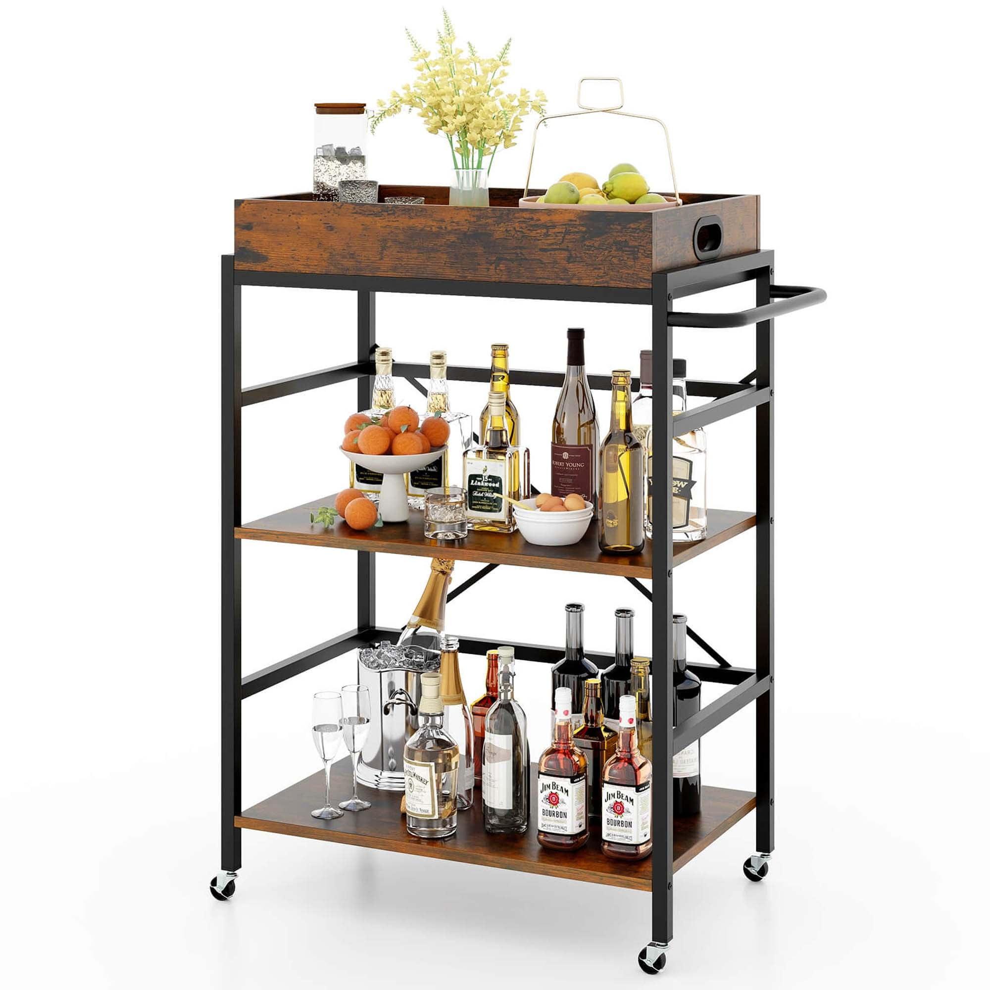 Rustic Brown and Black 3-Tier Bar Cart with Detachable Tray