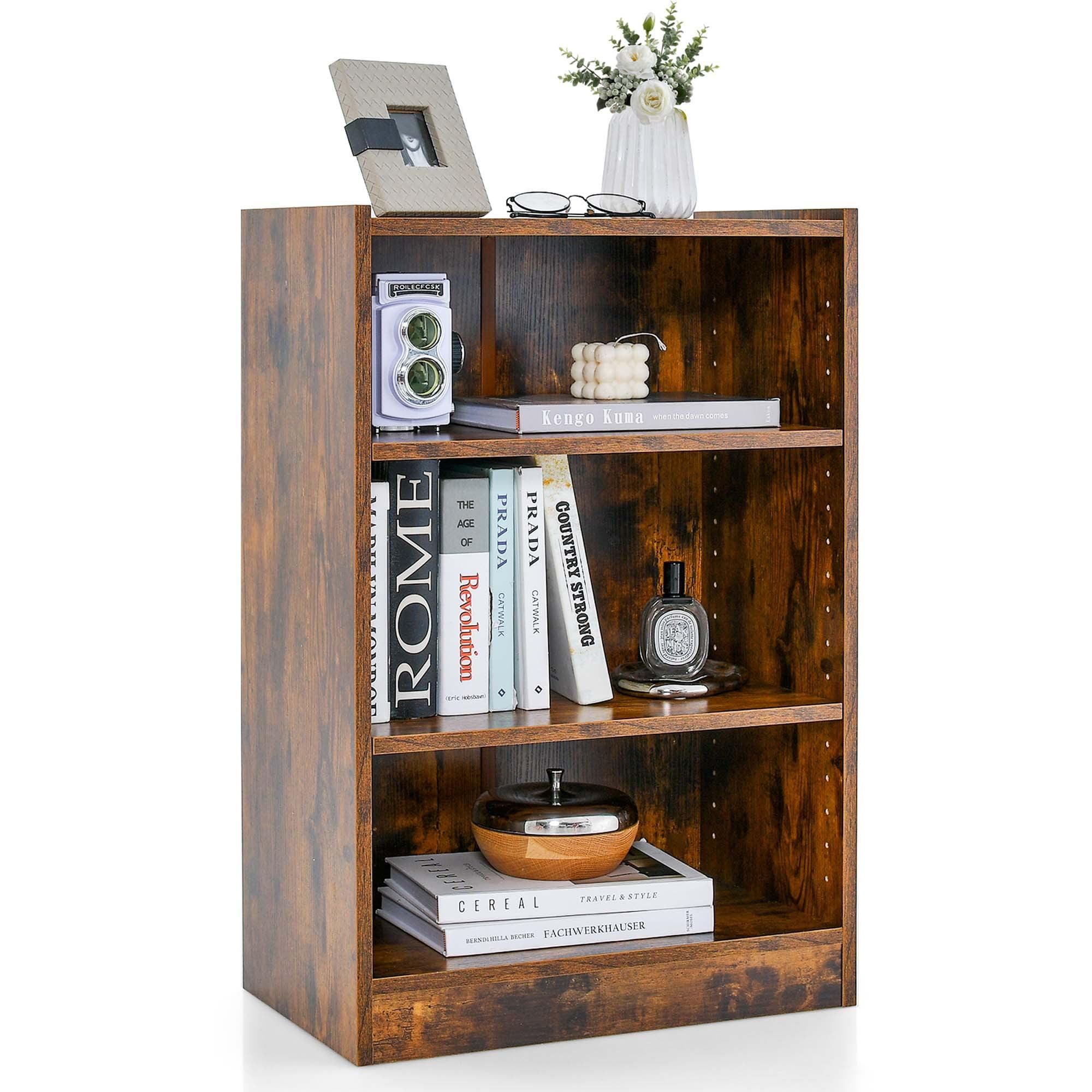 Tangkula 3-Tier Bookcase Open Bookshelf Cube Storage Organizer Floor Standing Display Bookcase with Adjustable Shelves Rustic Brown/Black/White