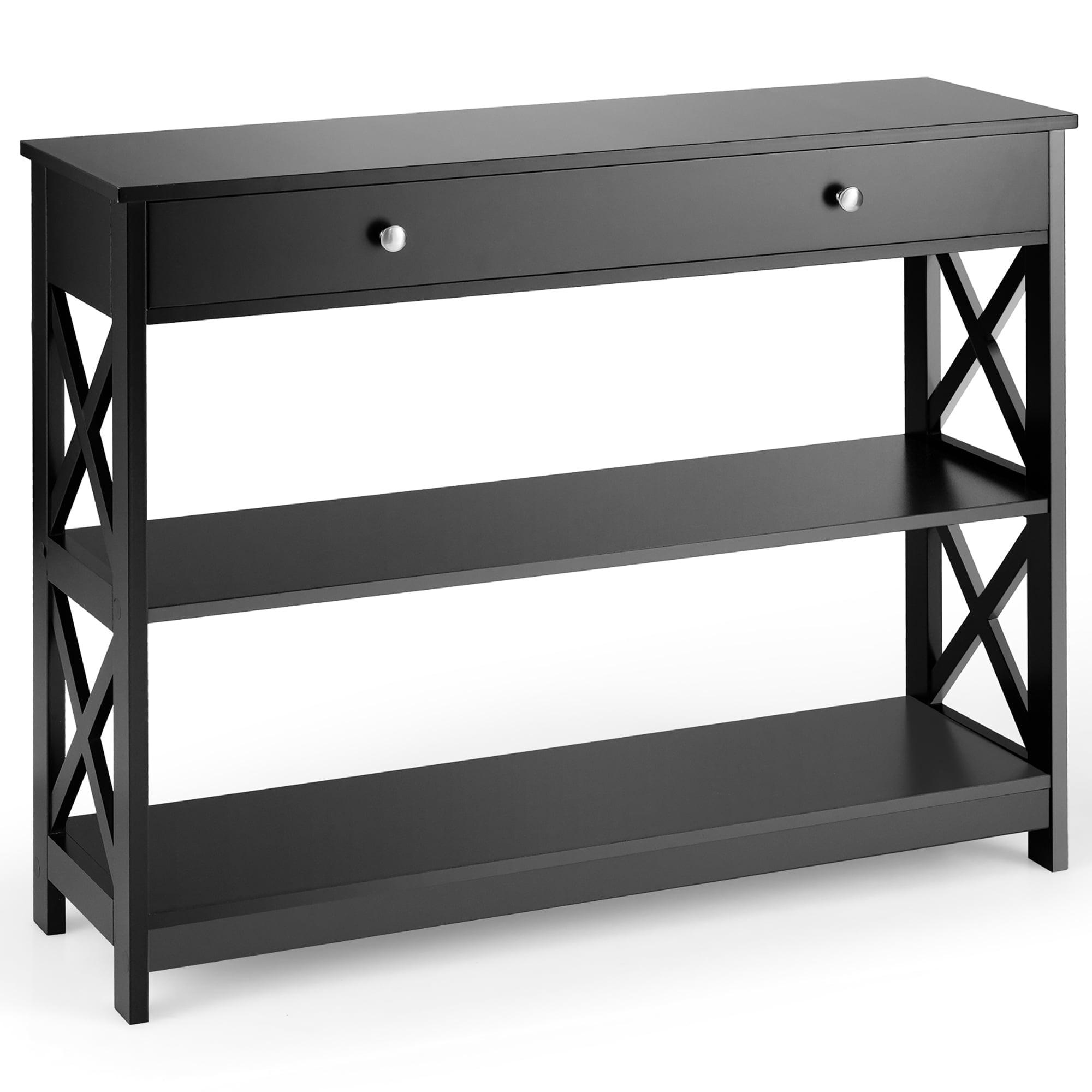 Elegant Black 3-Tier Console Table with Drawer and Shelves