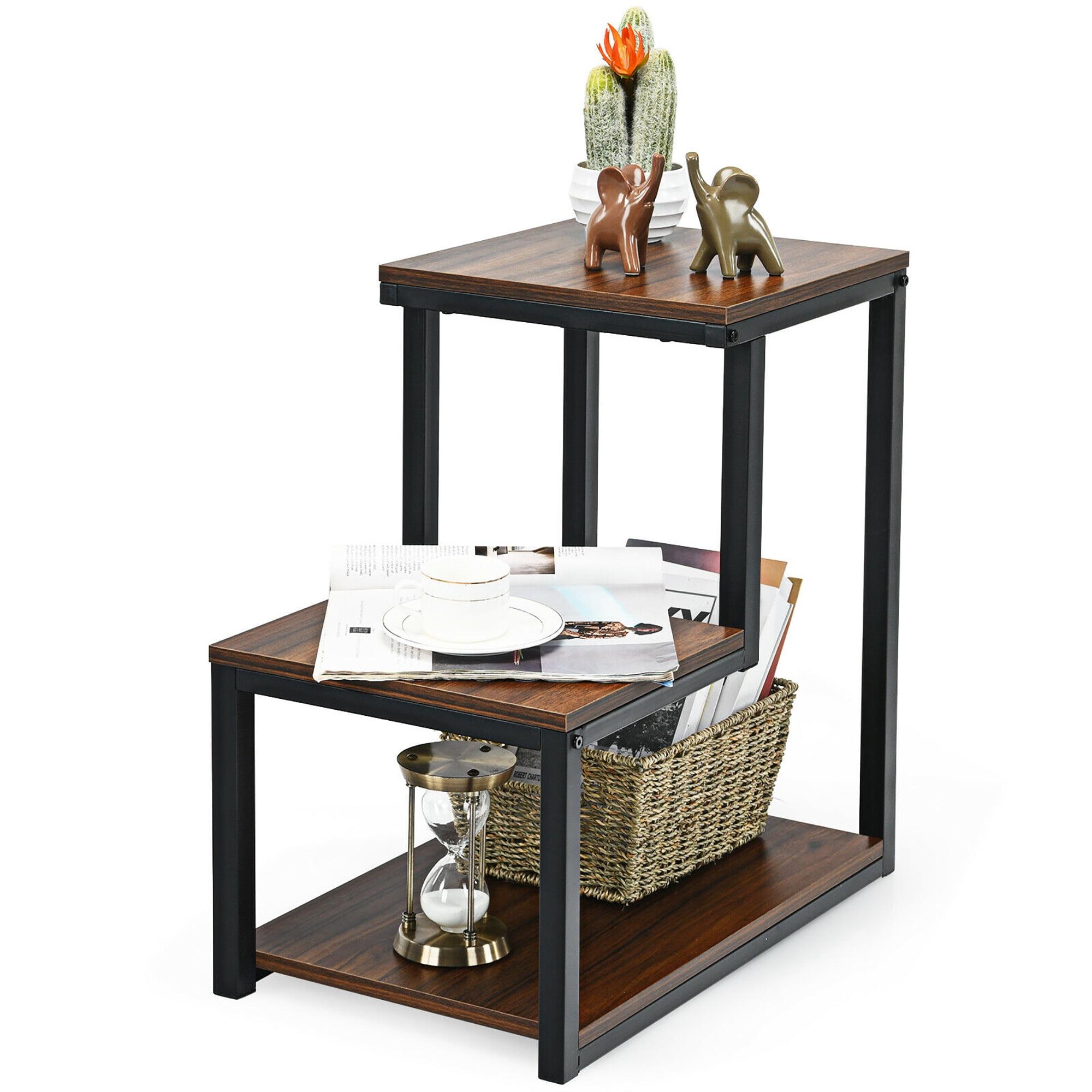 Brown Wood and Metal 3-Tier End Table with Storage