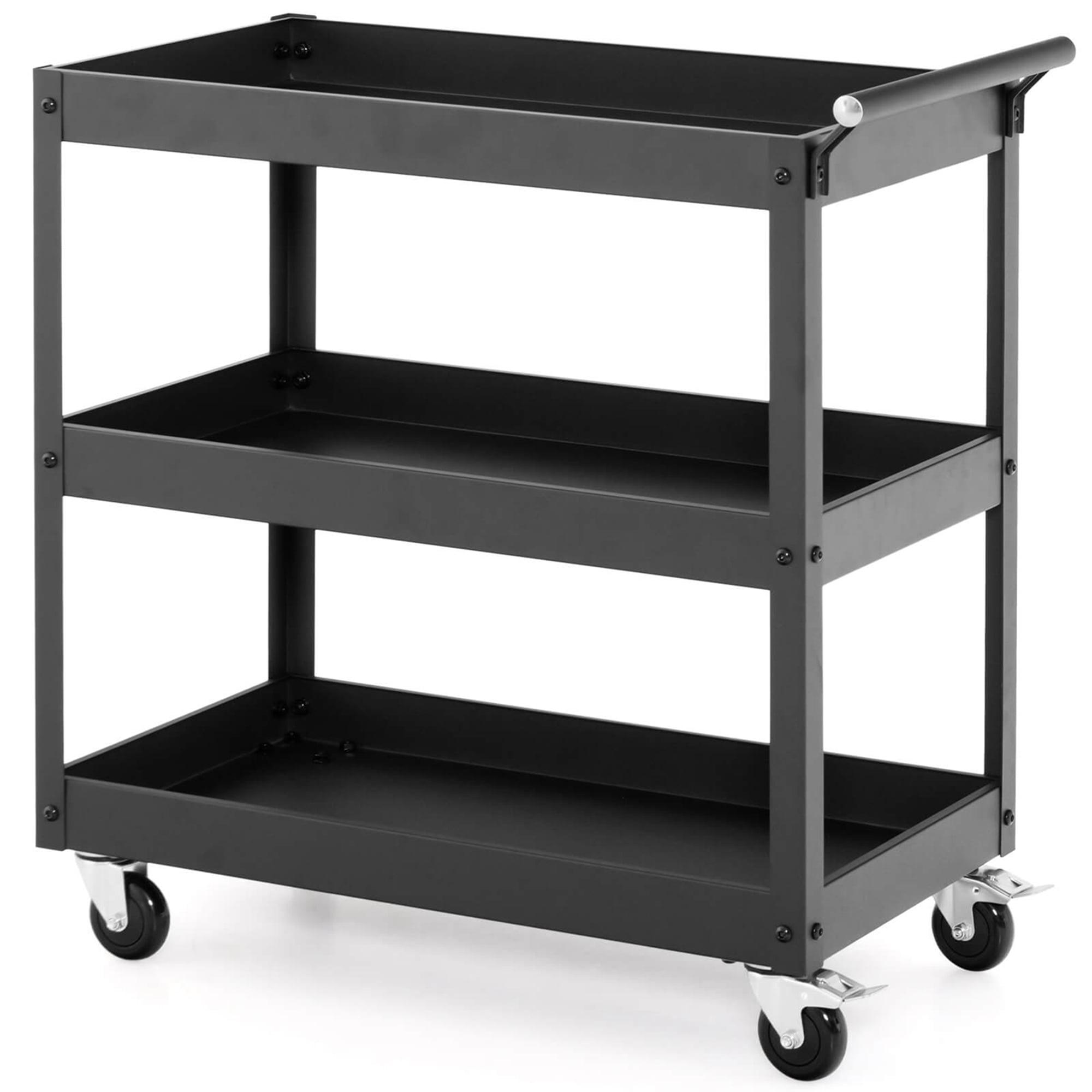 Black Metal 3-Tier Utility Cart with Ergonomic Handle