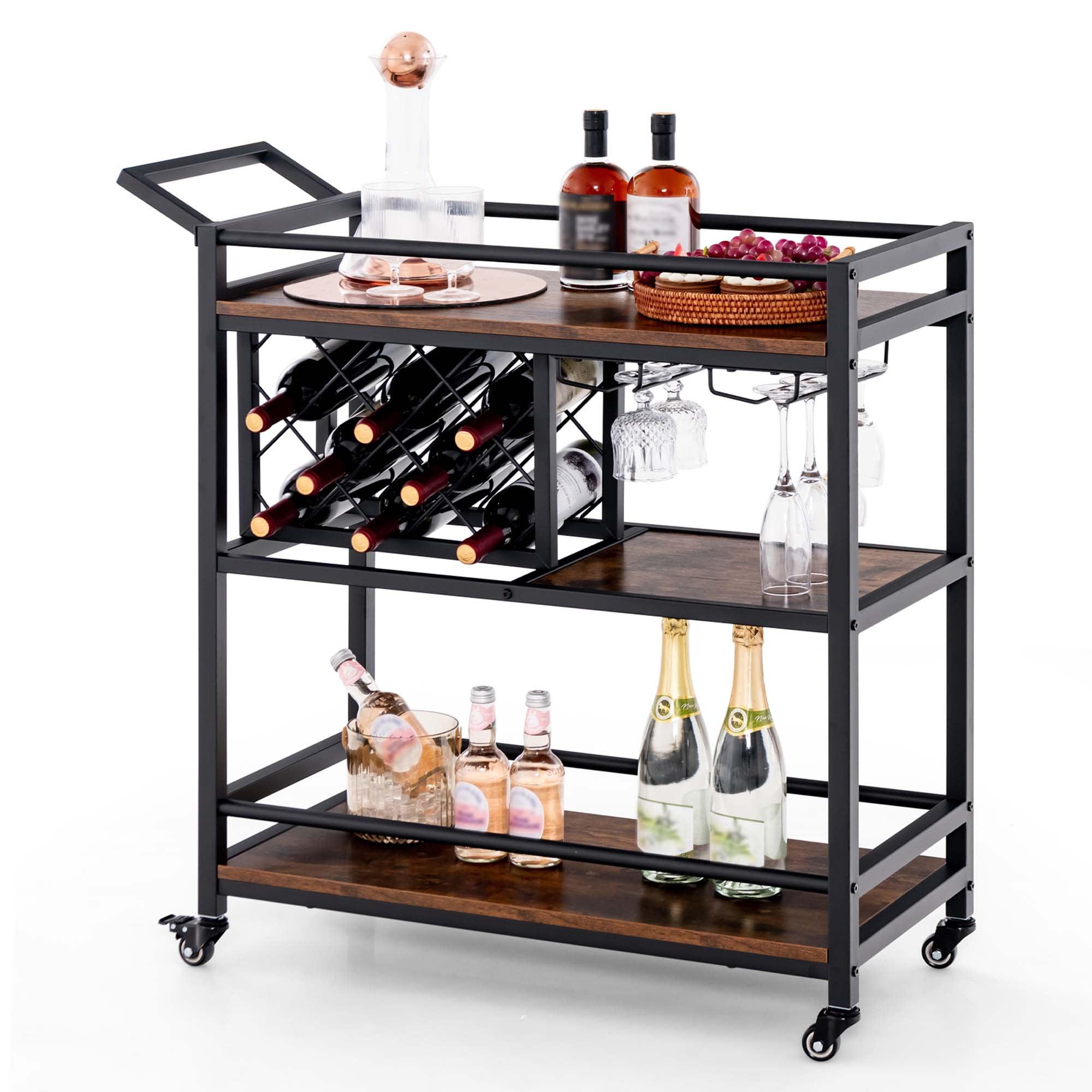 Rustic Brown 3-Tier Bar Cart with Wine Rack and Glass Holders