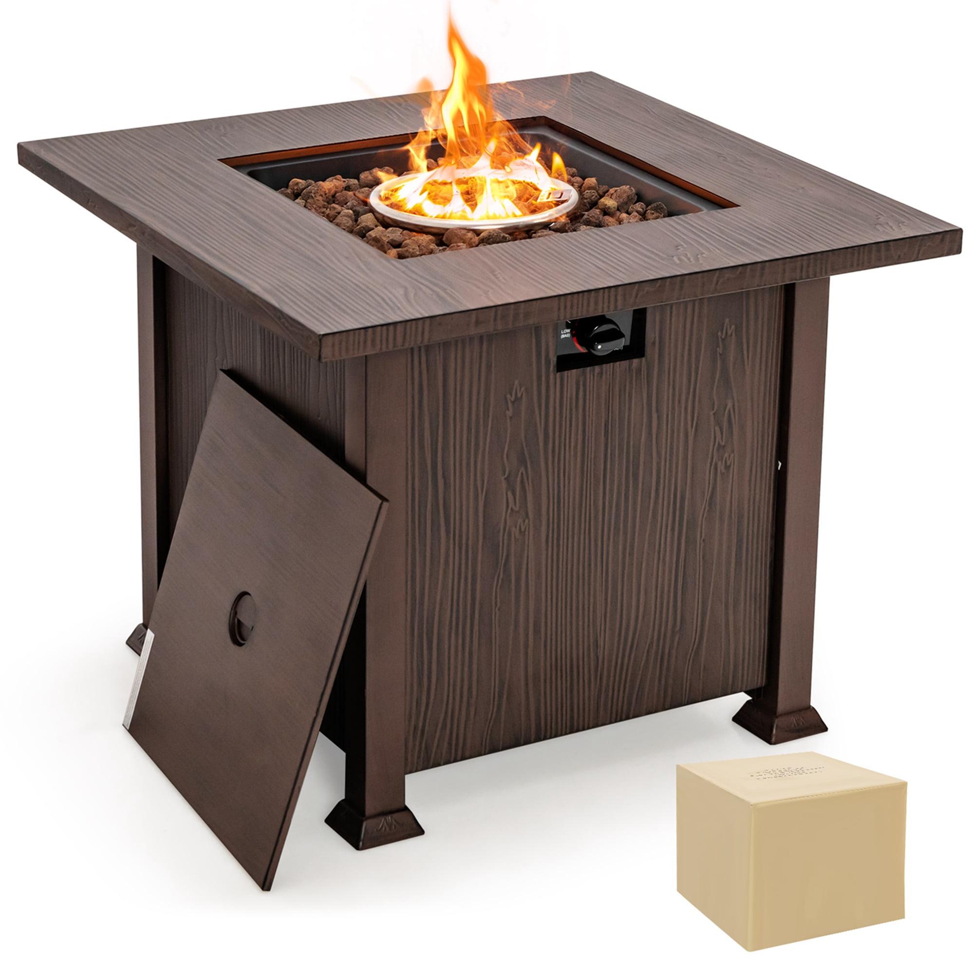 Brown Metal 32" Gas Fire Pit Table with Lid and Lava Rocks