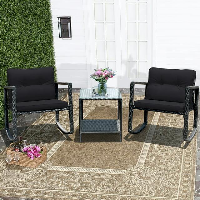 Costway 3PCS Patio Rattan Furniture Set Rocking Chairs Cushioned Sofa Black