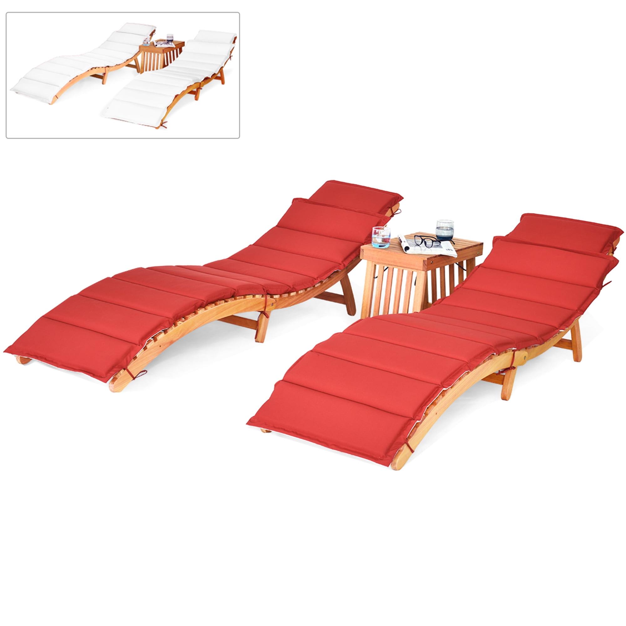 Resenkos 3 Pieces Outdoor Acacia Wood Foldable Chaise Lounge Set, Outdoor Chair and Table with Foldable