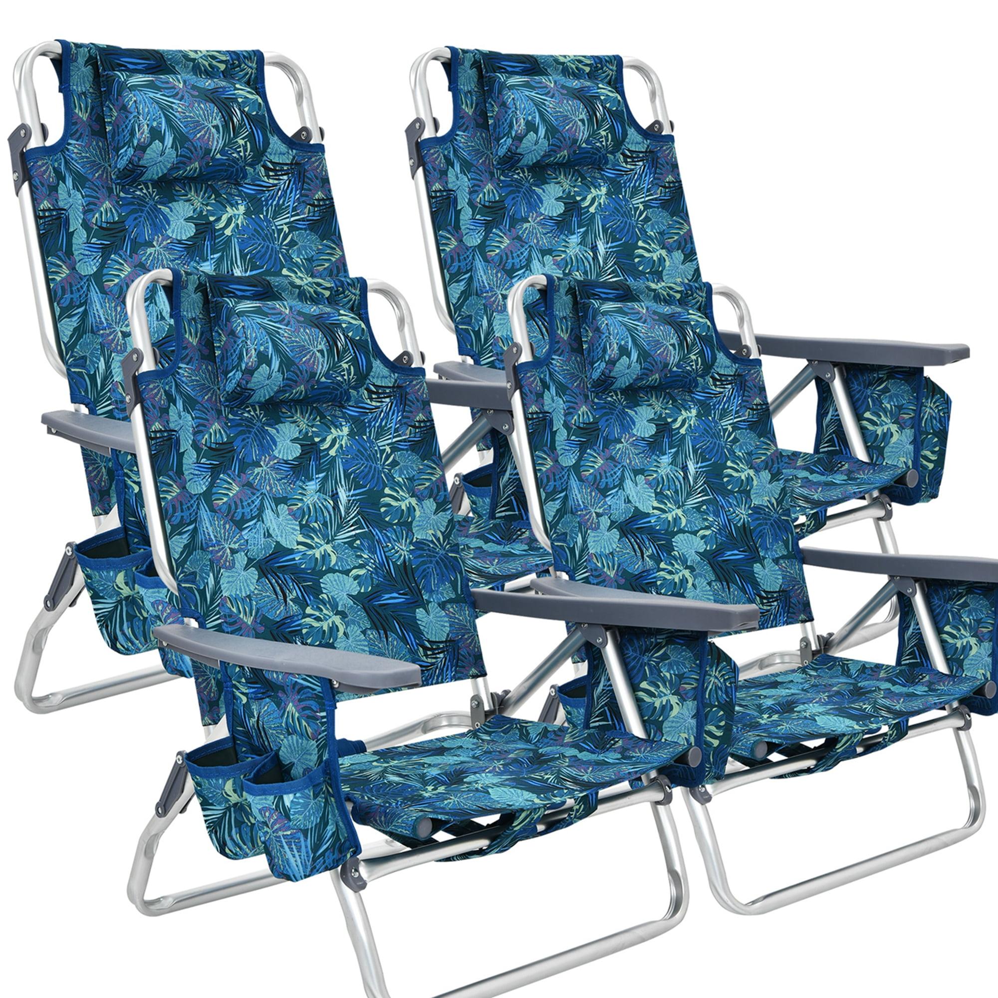 Costway 4-Pack Folding Backpack Beach Chair 5-Position Outdoor Reclining Chairs with Pillow Dark Blue