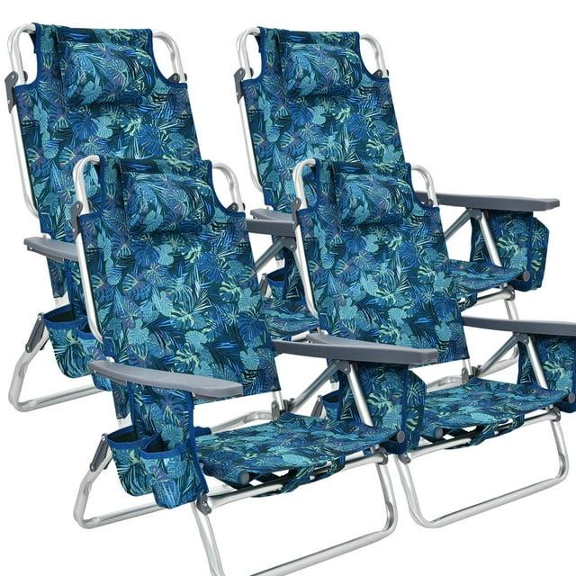 Costway 4-Pack Folding Backpack Beach Chair 5-Position Outdoor Reclining Chairs with Pillow Dark Blue