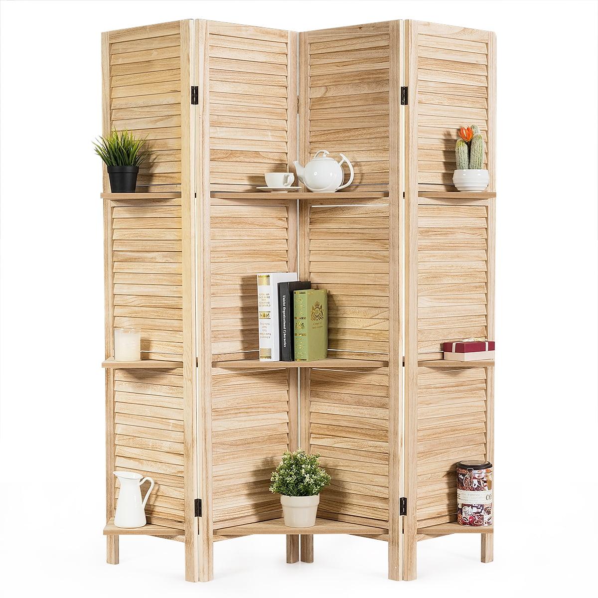 Natural Light Wood 4-Panel Folding Room Divider with Shelves