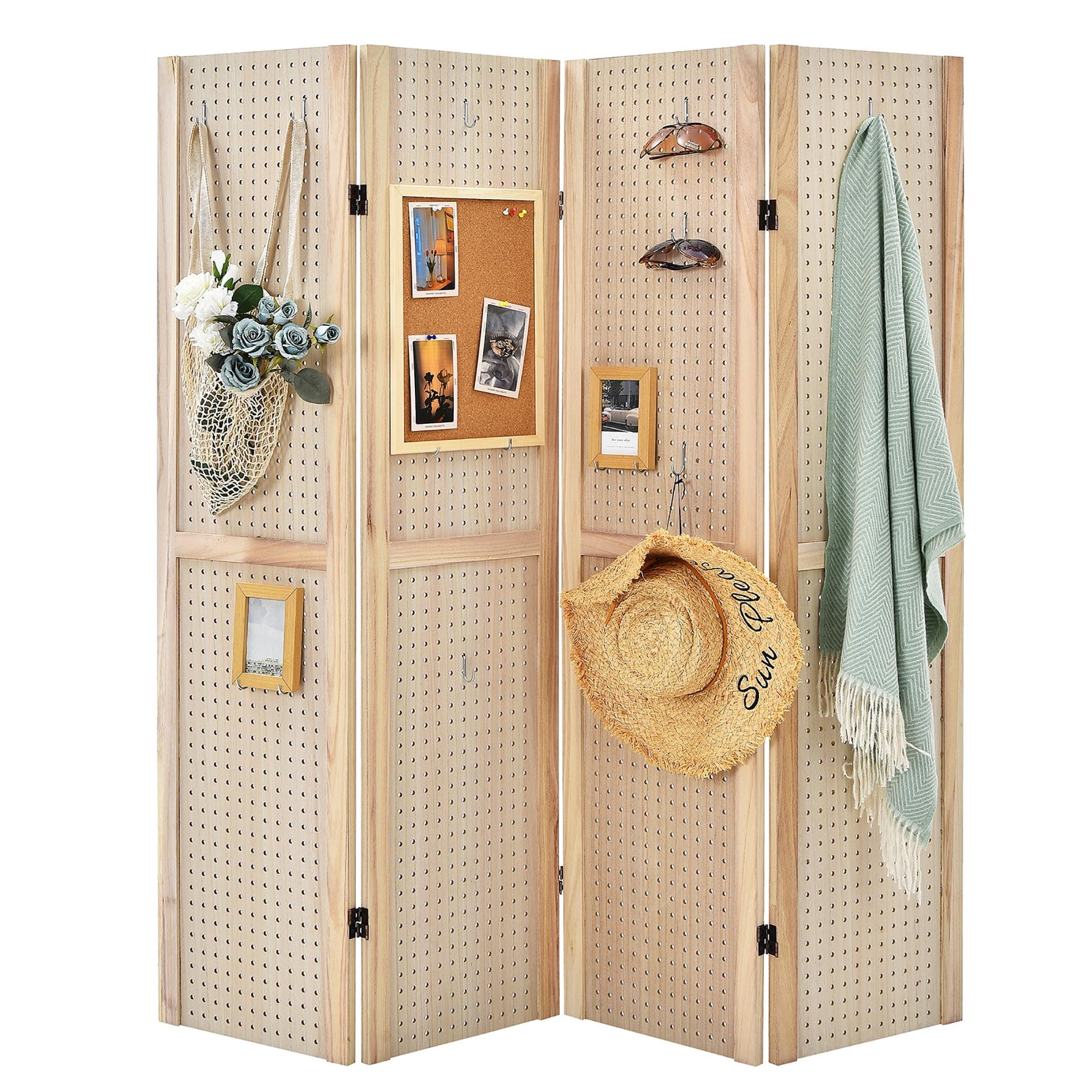 Rustic 5' MDF 4-Panel Folding Pegboard Room Divider in Natural