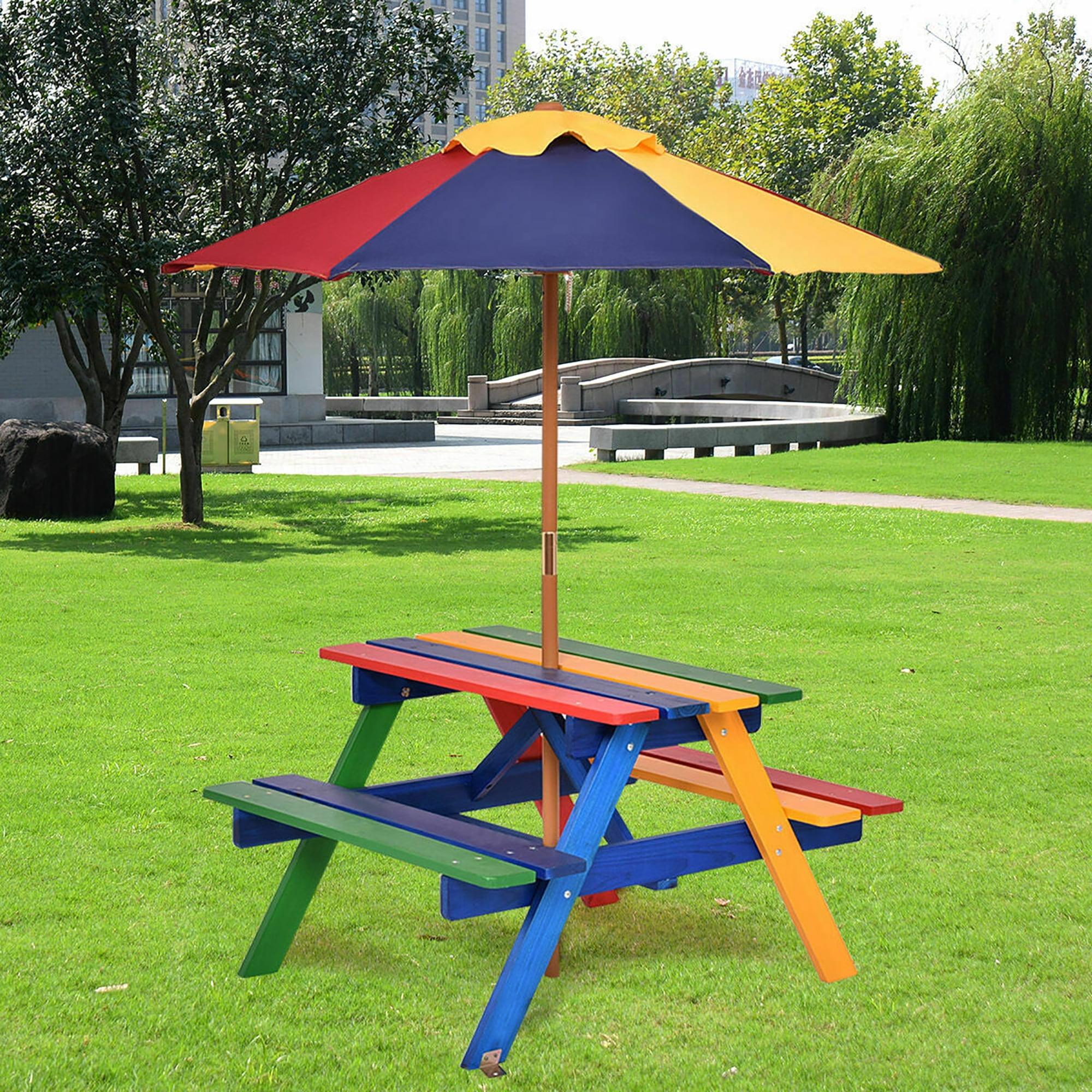 Rainbow Wood Kids Picnic Table with Umbrella, 4 Seats