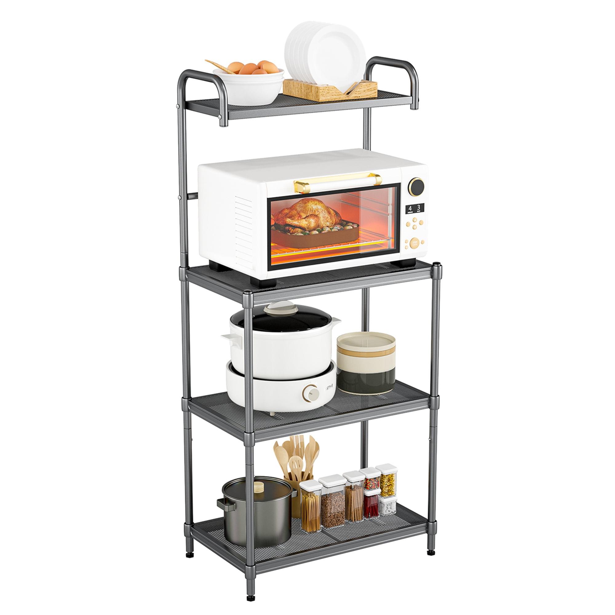 Adjustable 4-Tier Black Iron Microwave Oven Stand with Wire Shelves
