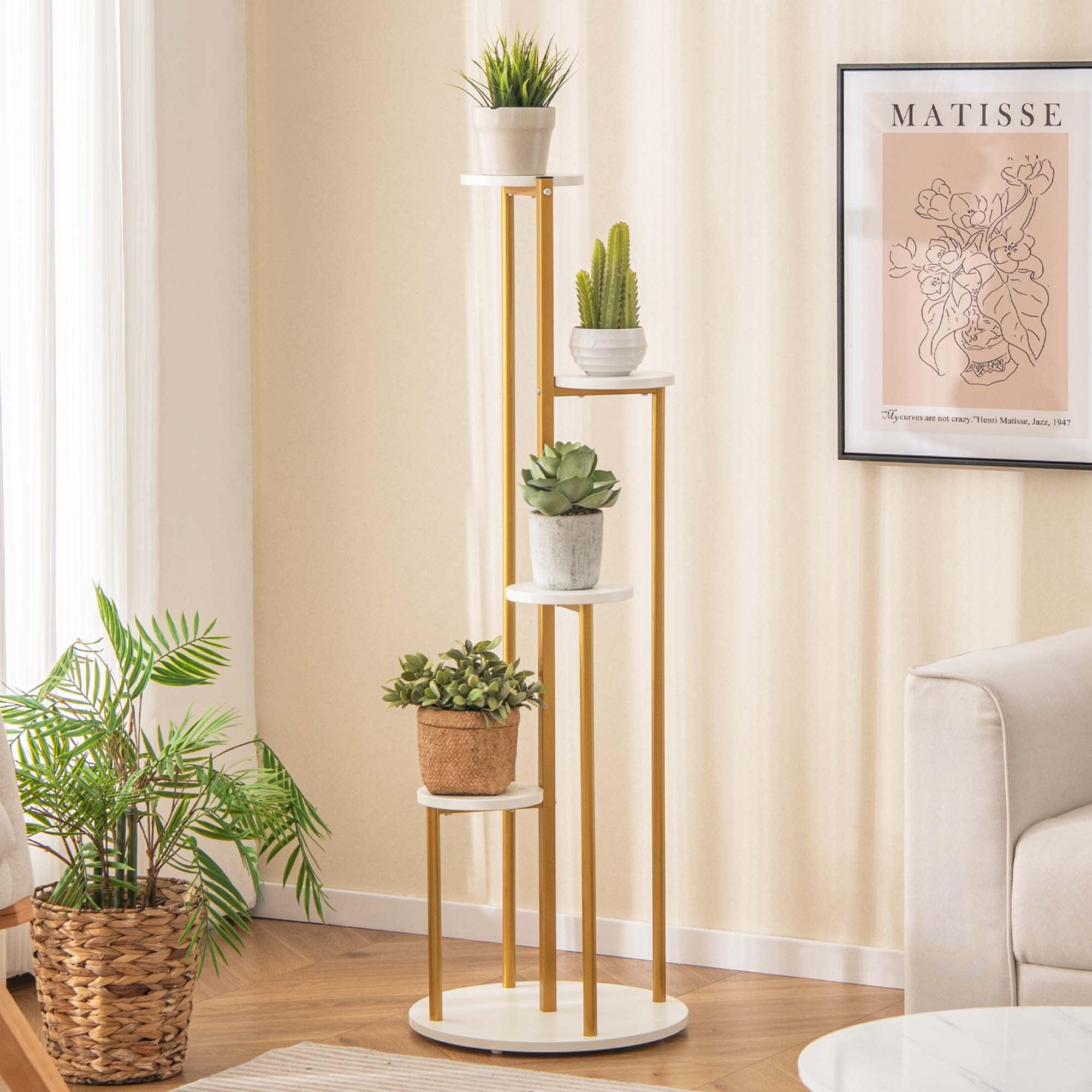 White and Gold 4-Tier Metal Plant Stand with MDF Shelves