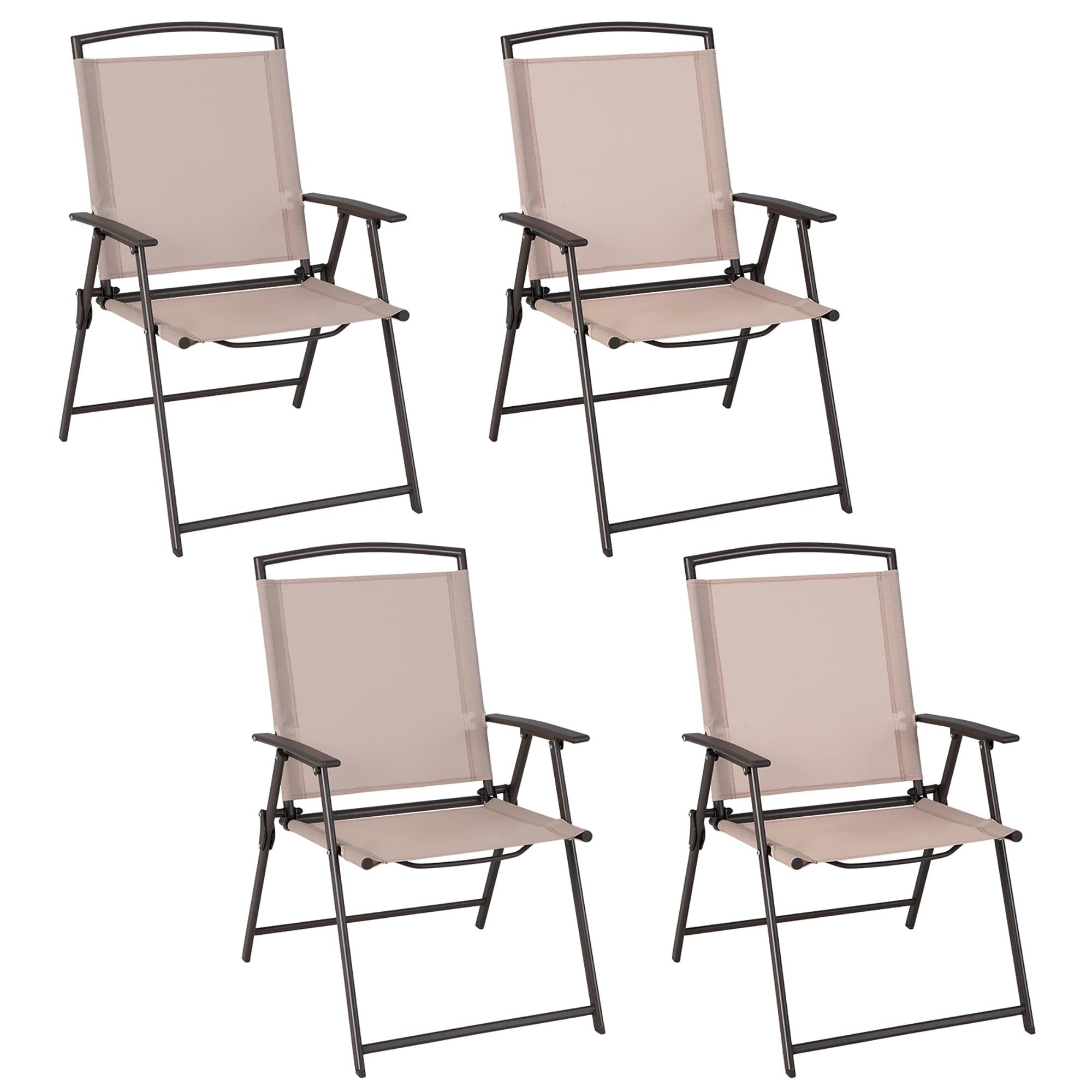 Beige Steel Frame Folding Patio Dining Chairs, Set of 4