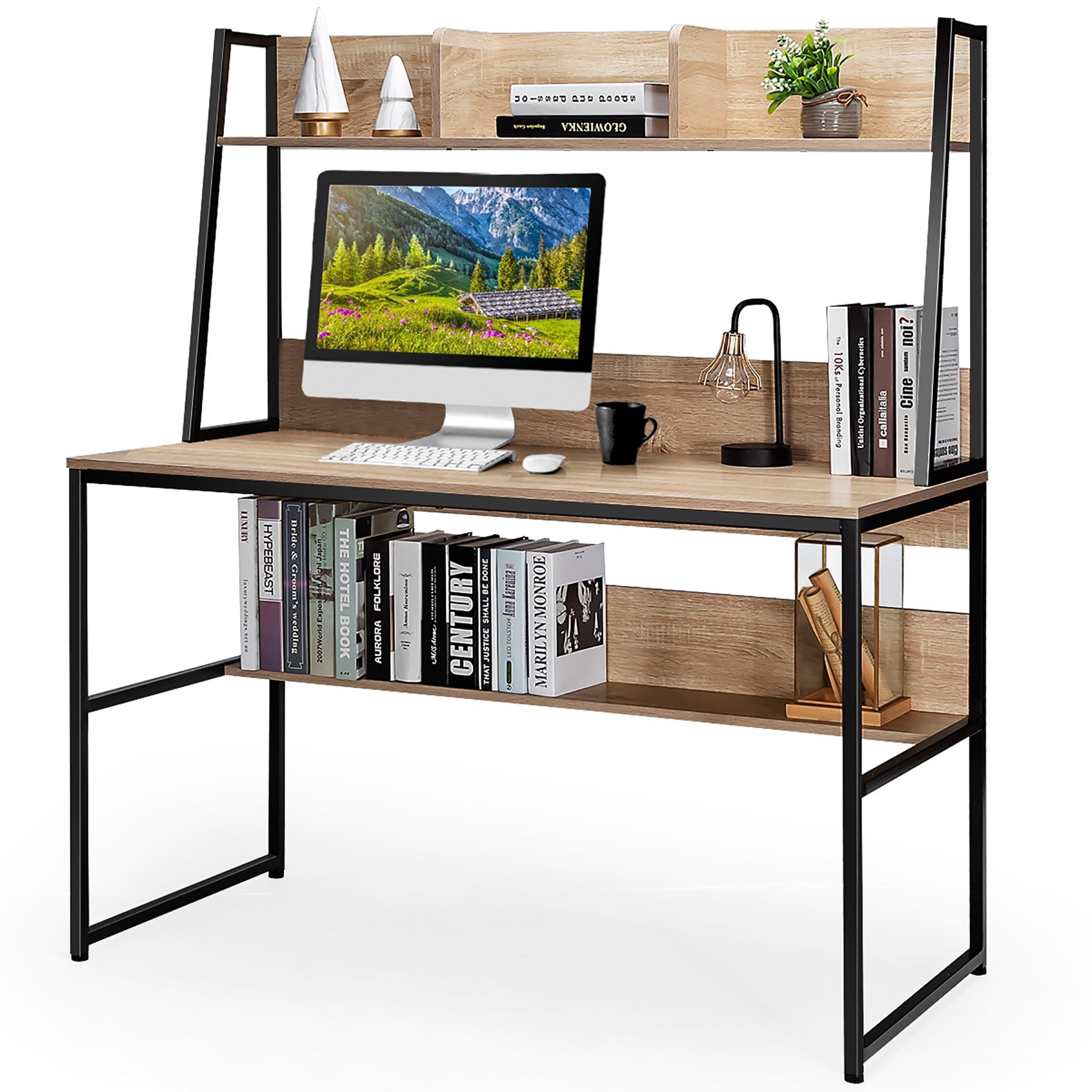 Modern L-Shaped Computer Desk with Bookshelf in Natural Wood and Metal