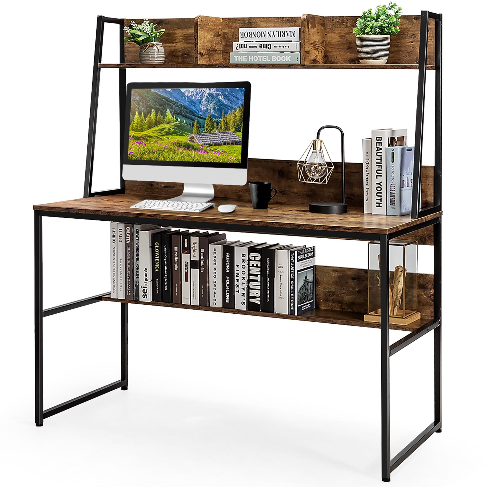 Rustic Brown L-Shaped Computer Desk with Metal Frame