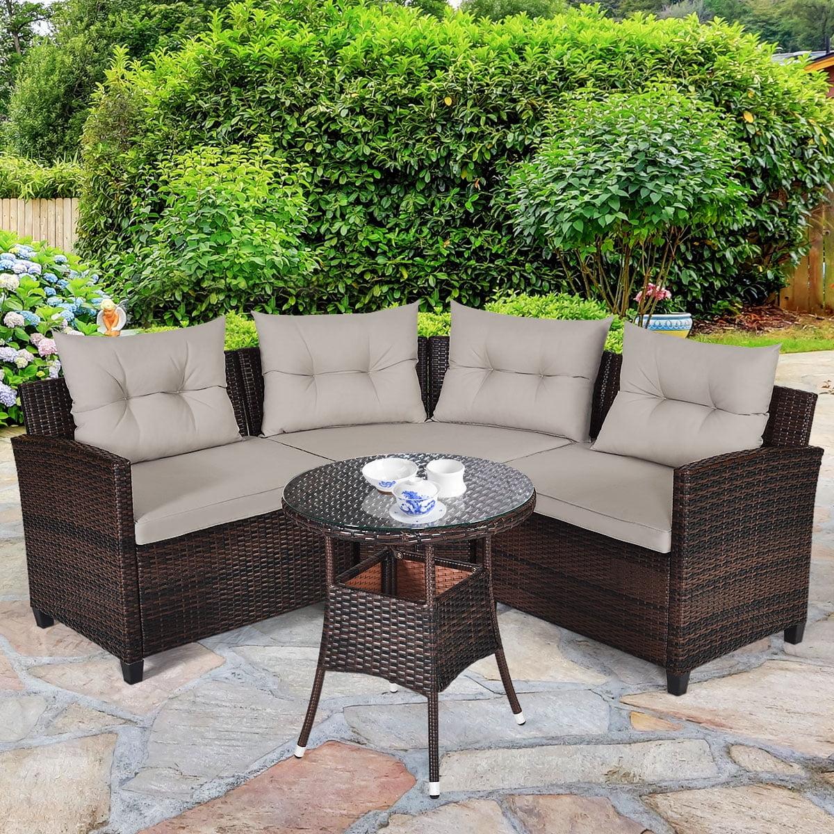 Patiojoy 4PCS Outdoor Patio Conversation Set Wicker Rattan Sectional Sofa