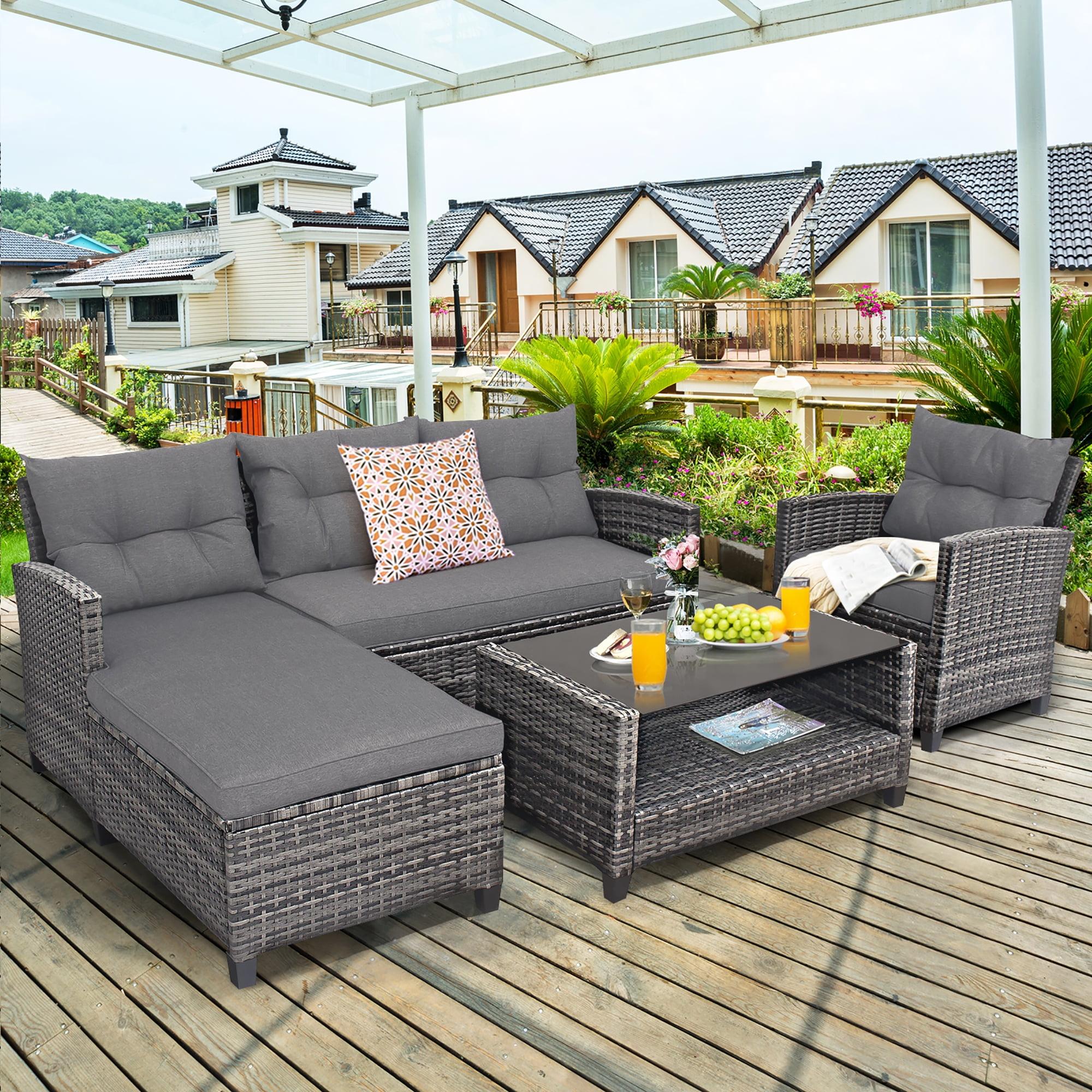 Gray 4-Piece Cushioned Rattan Patio Furniture Set with Coffee Table