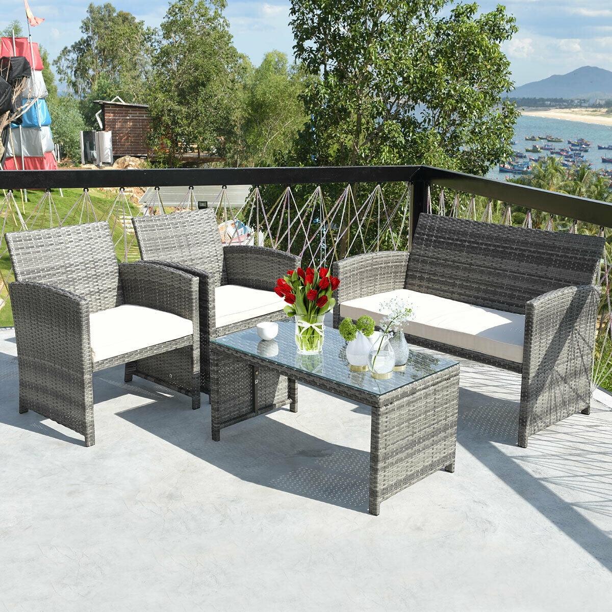 Gray 4-Piece Steel Rattan Patio Furniture Set with Beige Cushions