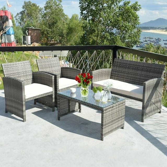 Costway 4PCS Rattan Patio Furniture Set Garden  Sofa Cushioned Seat Mix Gray Wicker