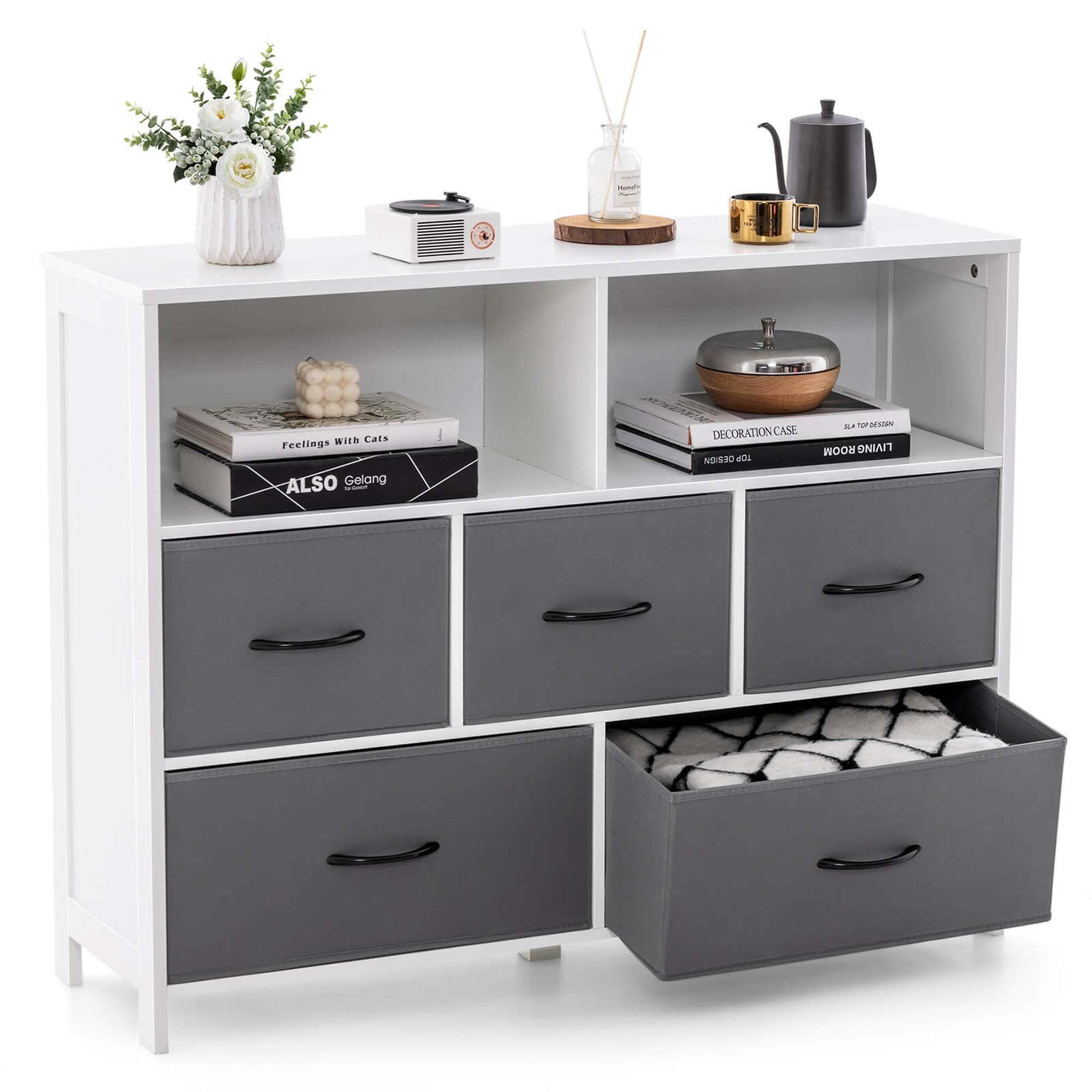 White and Gray 5-Drawer Dresser with Fabric Bins