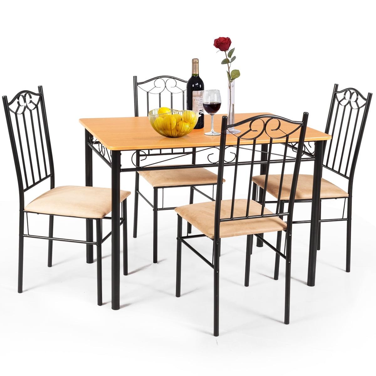 Elegant Hollow-Carved 5-Piece Wood & Metal Dining Set in Wooden Color