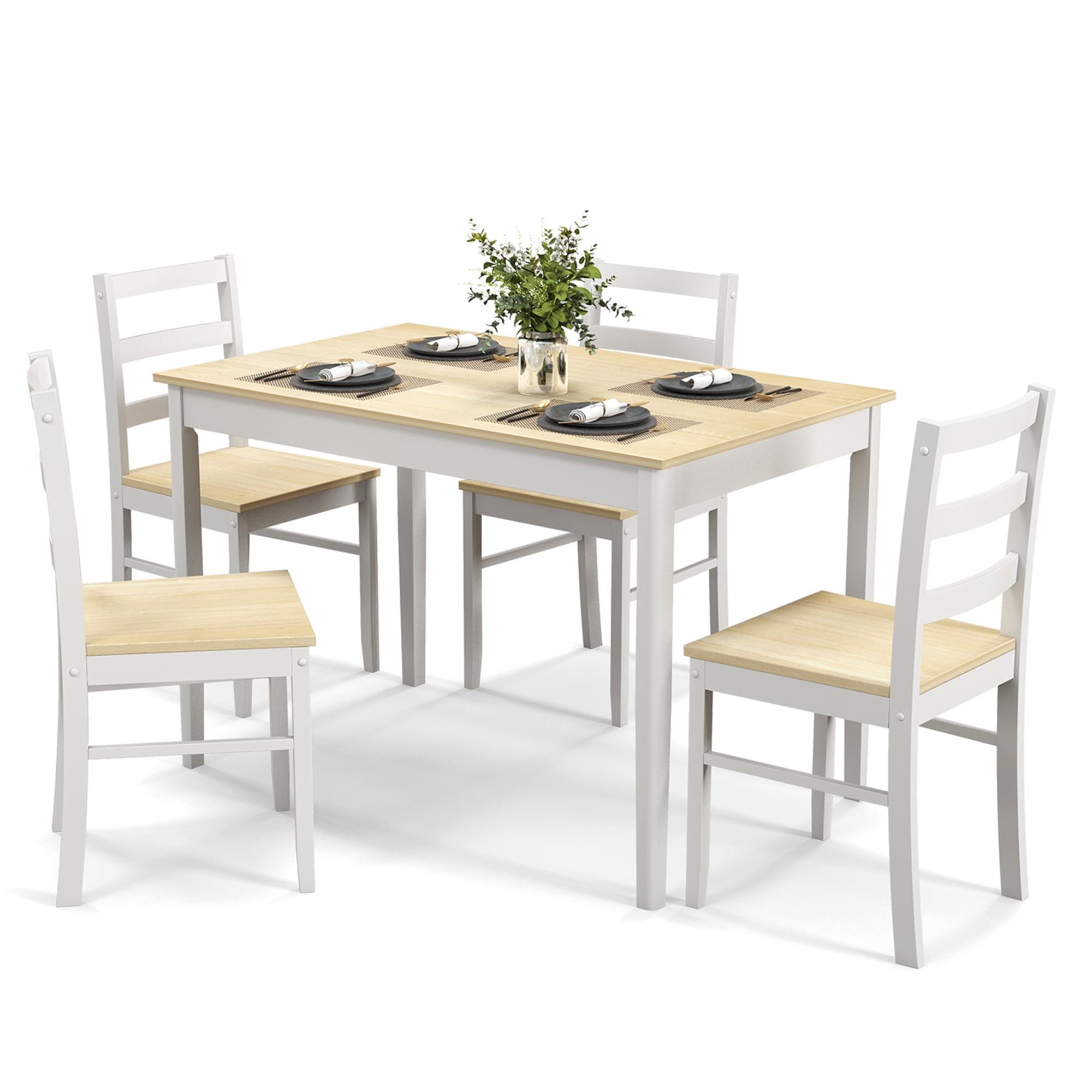 Natural Solid Rubber Wood 5-Piece Dining Set with Rectangular Table and 4 Chairs