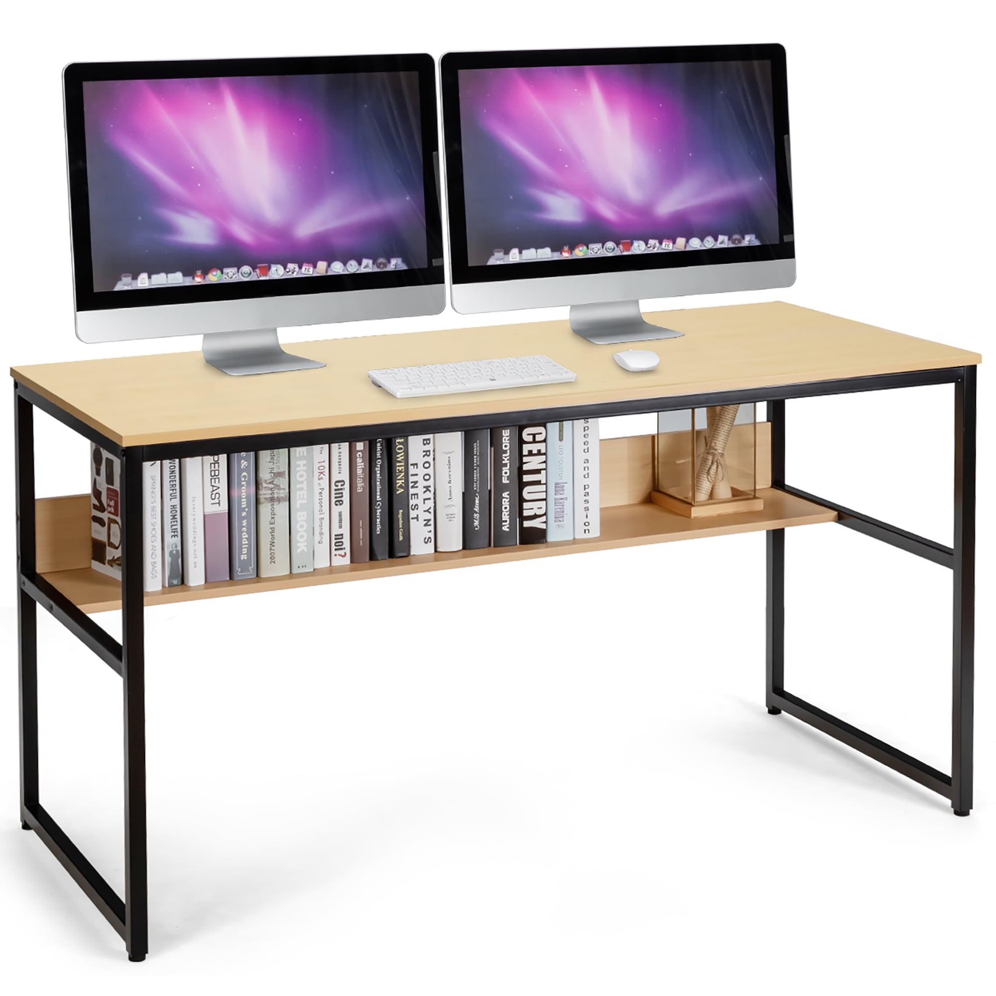 Natural Wood 55'' Computer Desk with Storage Shelf