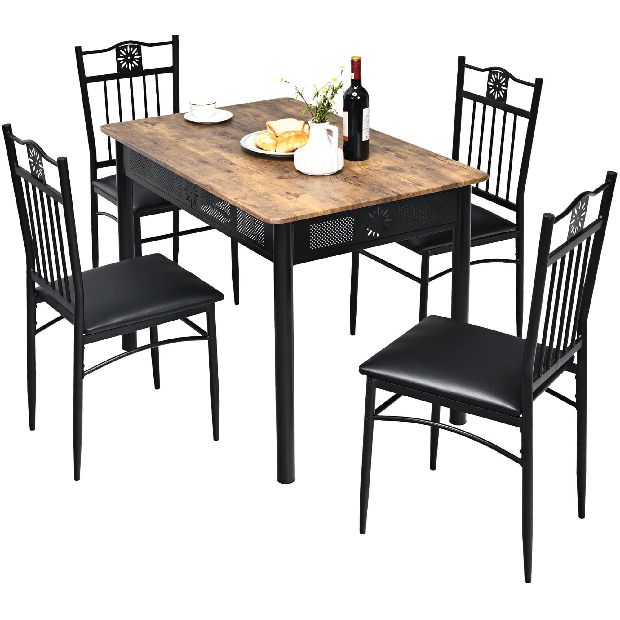 Modern Black Steel 5-Piece Dining Set with MDF Table & 4 Chairs