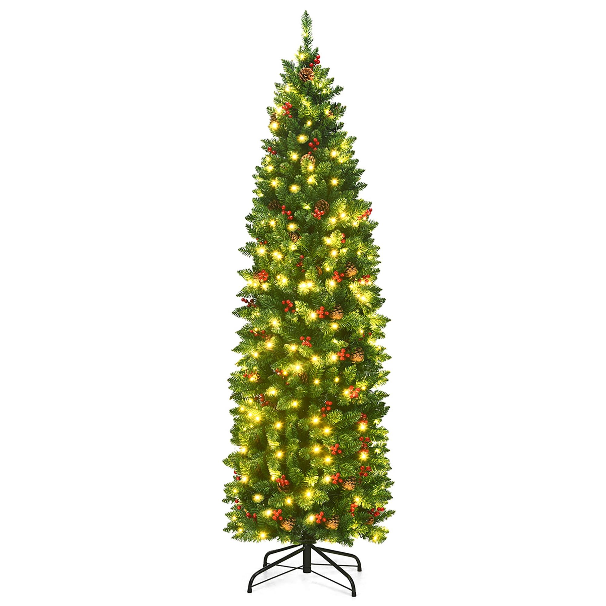 Costway 4.5Ft\6.5Ft\7.5Ft Pre-lit Hinged Pencil Christmas Tree w/Pine Cones Red Berries & 150\250\350 Lights