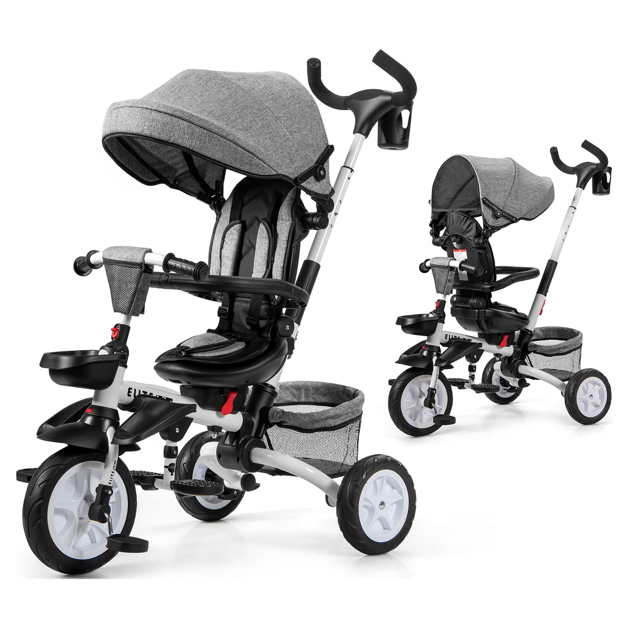 Costway 6-In-1 Kids Baby Stroller Tricycle Detachable Learning Toy Bike w/ Canopy Gray